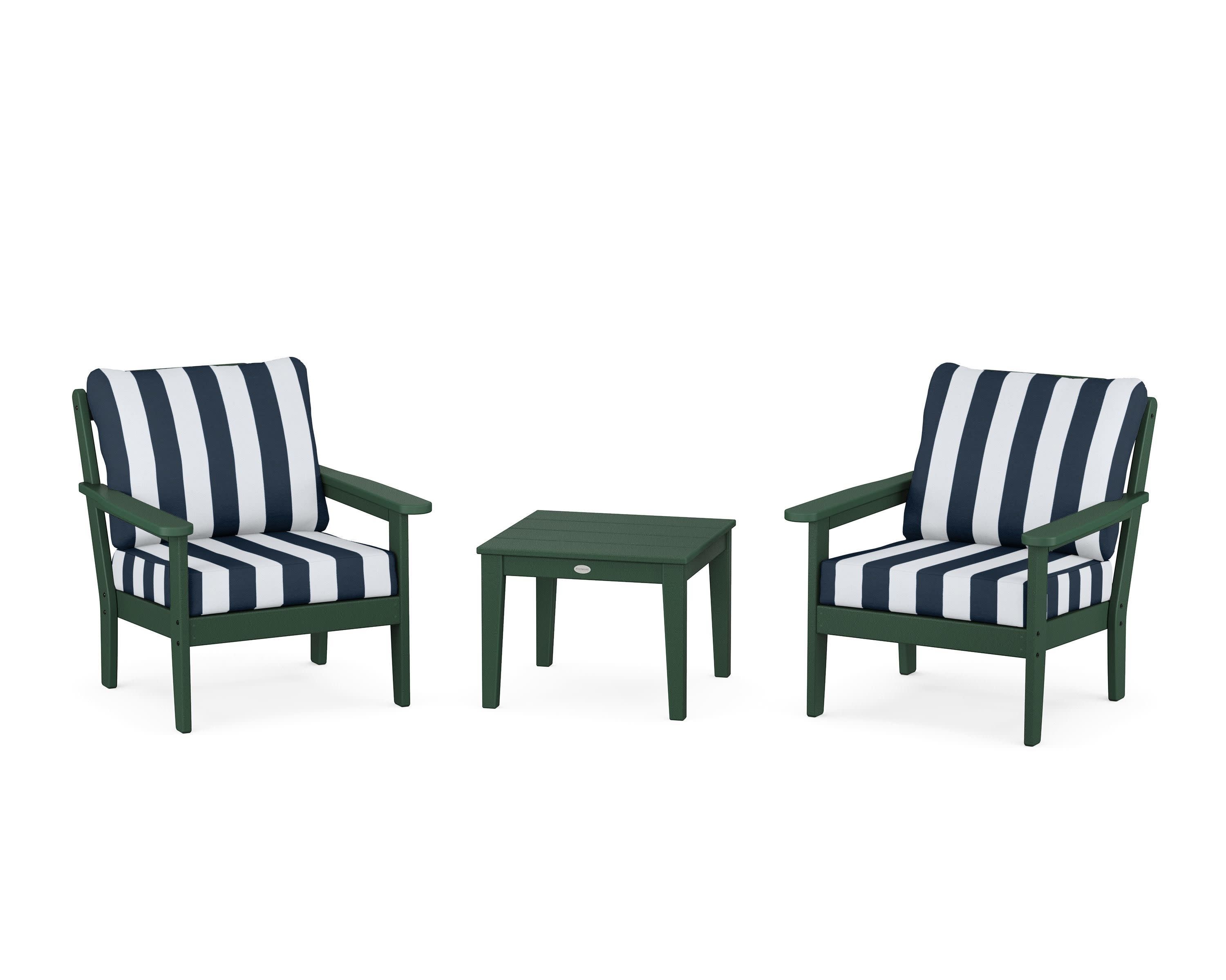 Cottage 3-Piece Deep Seating Set in Green / Cabana Stripe Marine Indigo