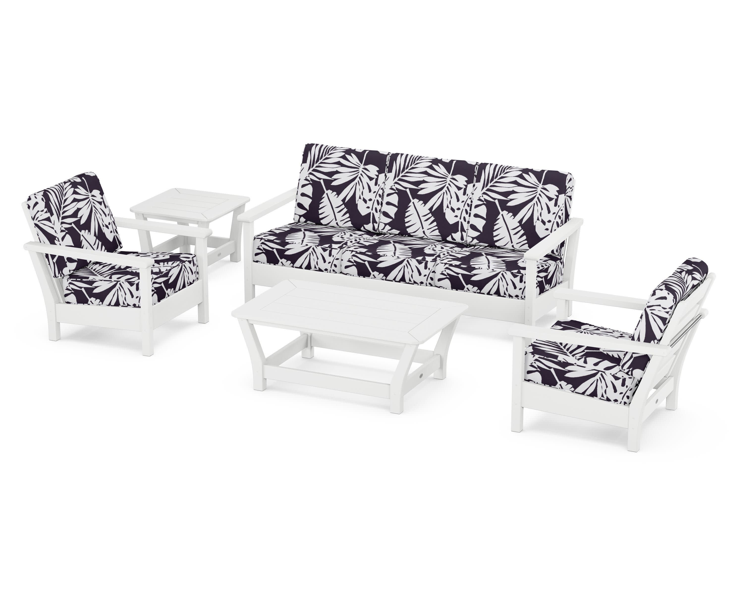 Harbour 5-Piece Deep Seating Set in White / Leaf Navy