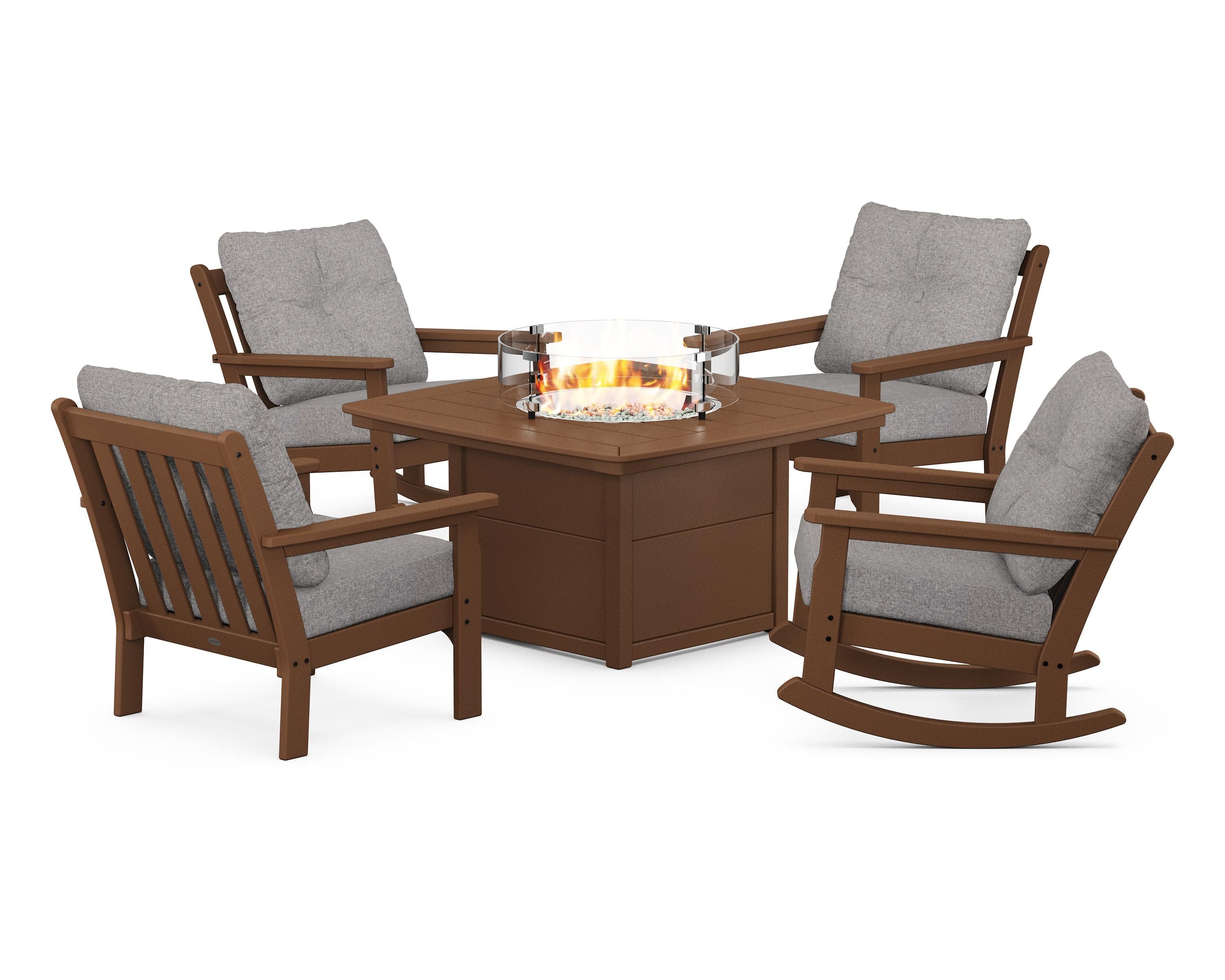 Vineyard 5-Piece Deep Seating Rocking Chair Conversation Set with Fire Pit Table in Teak / Grey Mist