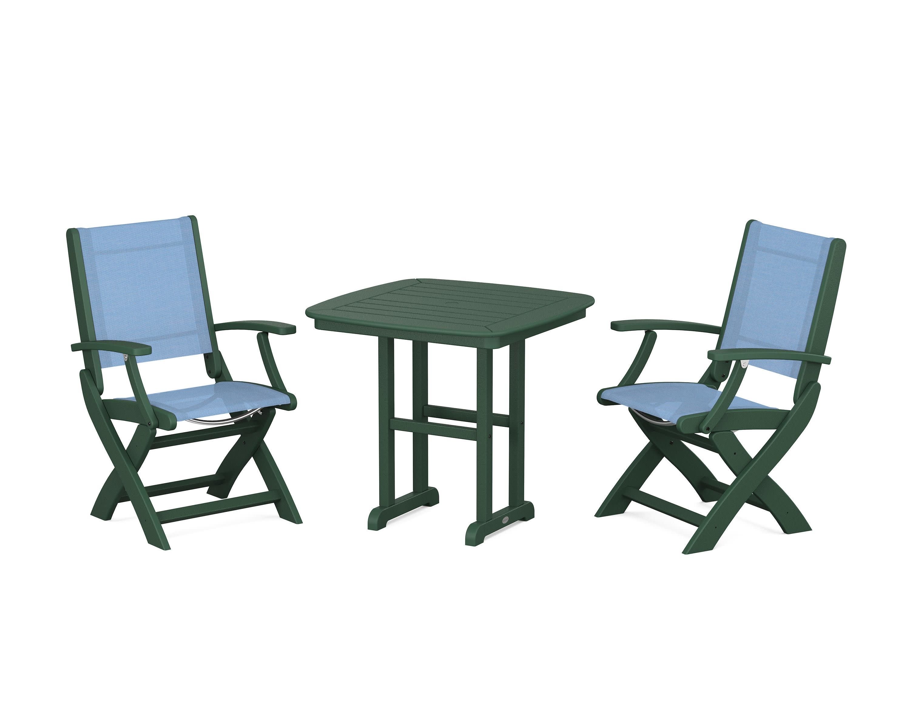Coastal Folding Chair 3-Piece Dining Set in Green / Poolside Sling