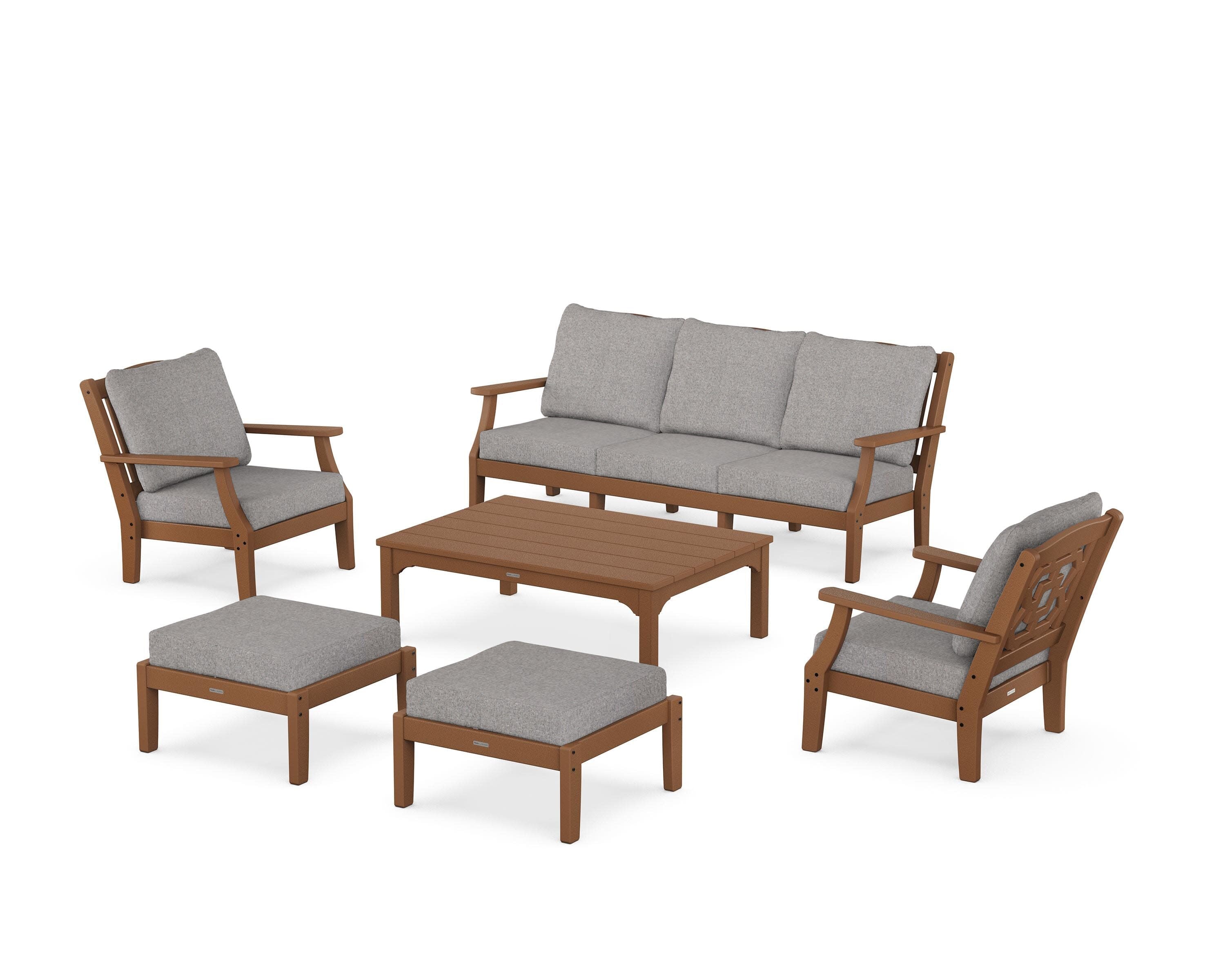 Chinoiserie 6-Piece Lounge Sofa Set in Teak / Grey Mist
