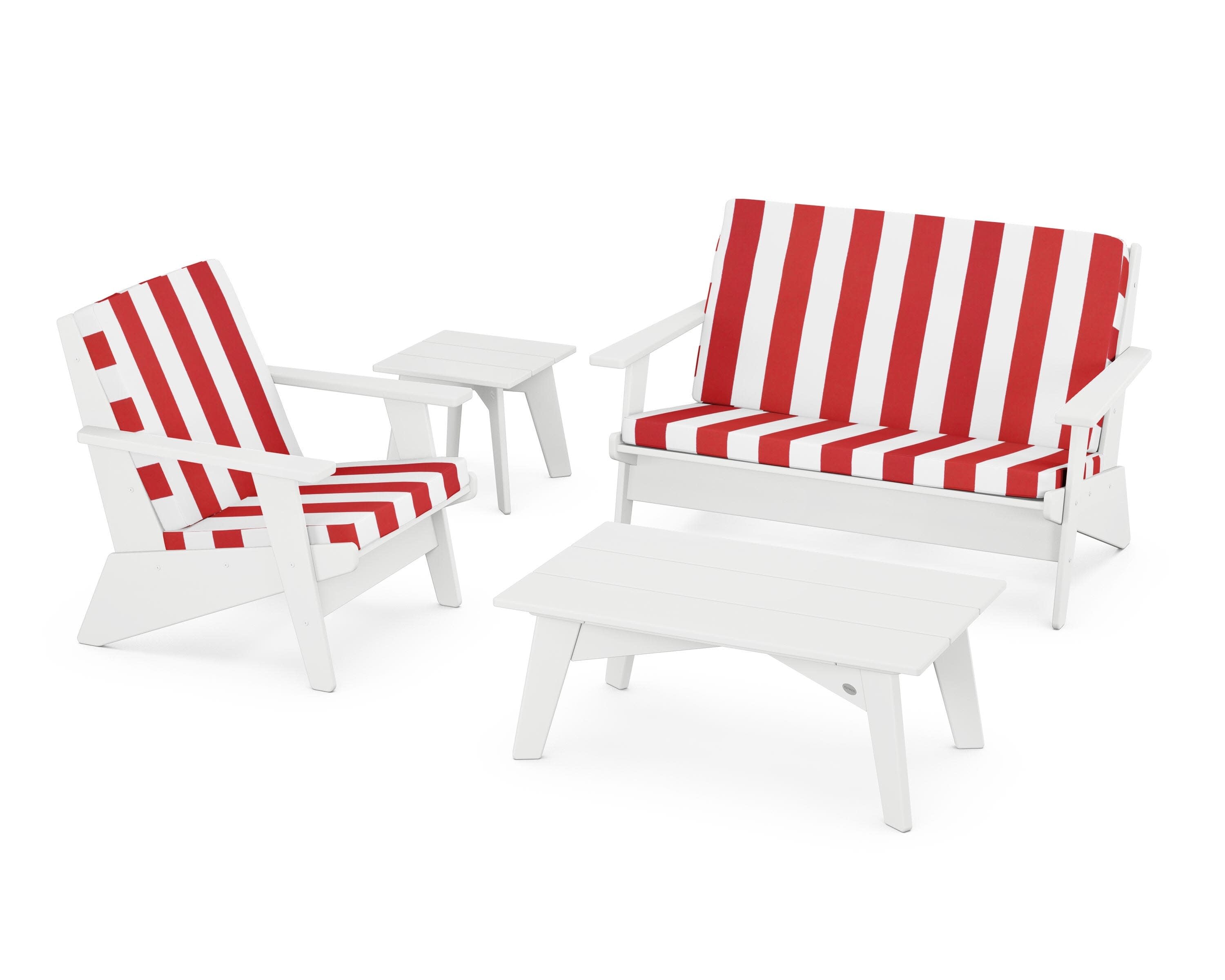 Riviera Modern Lounge 4-Piece Set in White / Cabana Stripe Crimson