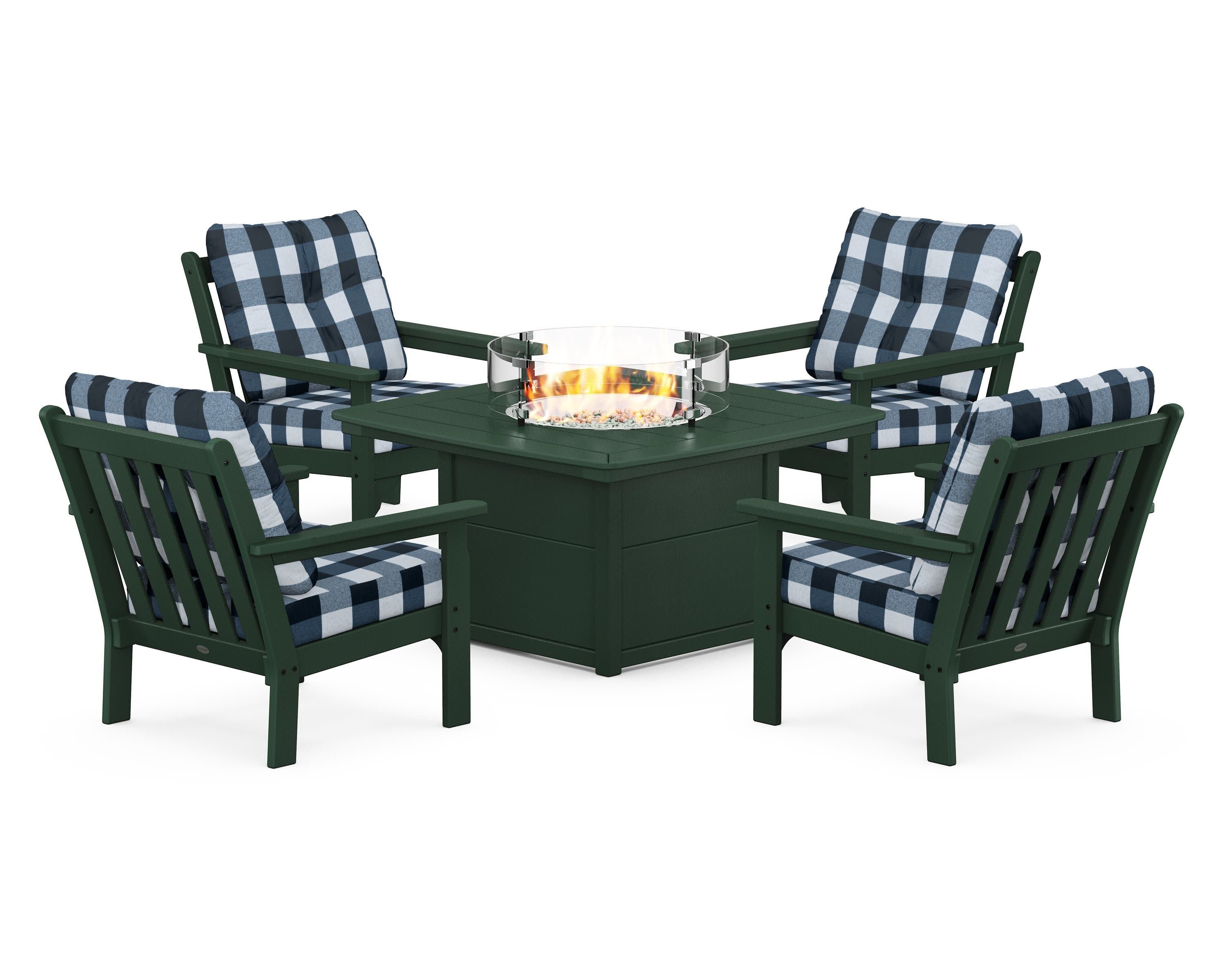 Vineyard 5-Piece Conversation Set with Fire Pit Table in Green / Buffalo Plaid Marine Indigo