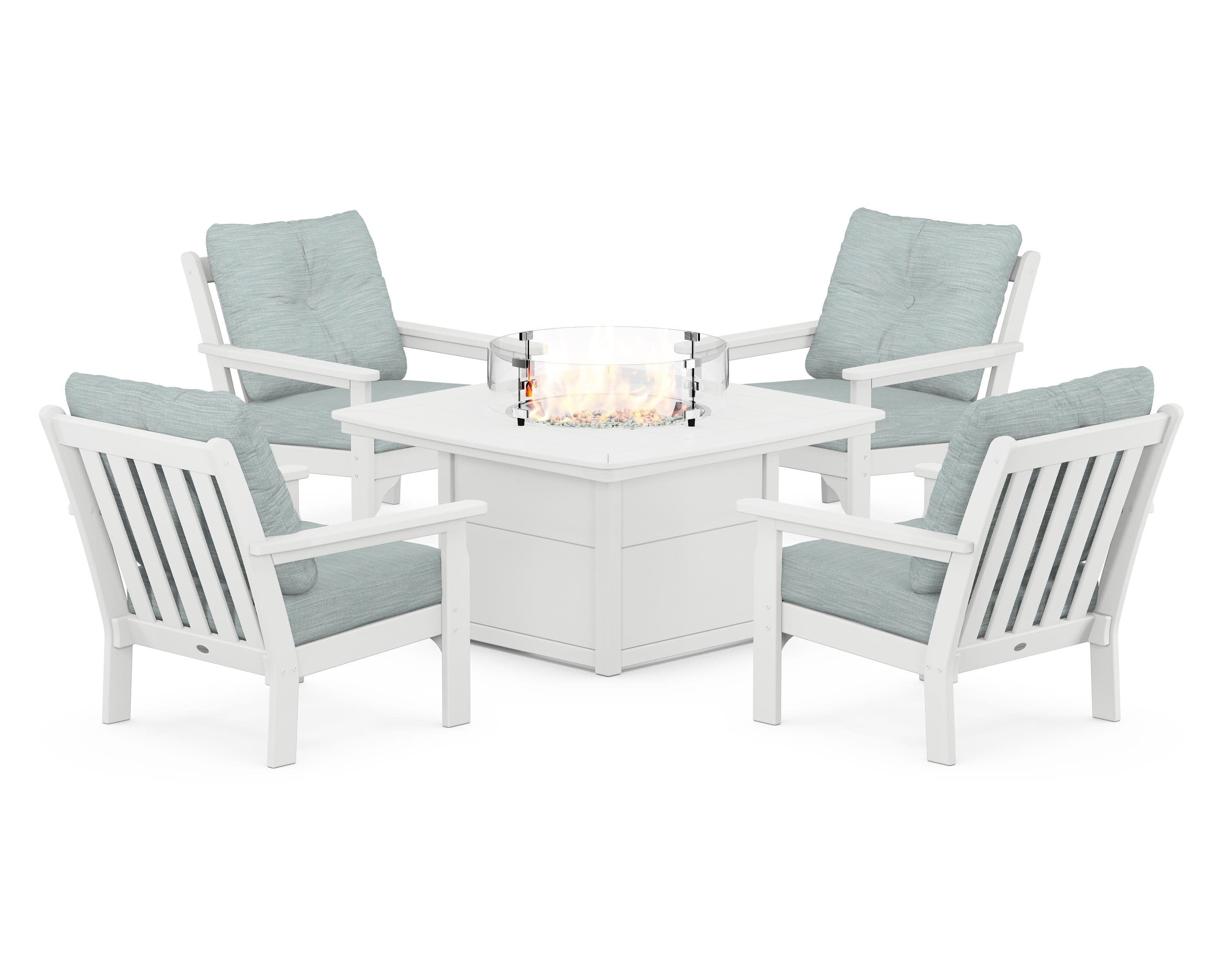 Vineyard 5-Piece Conversation Set with Fire Pit Table in White / Soothe Mist