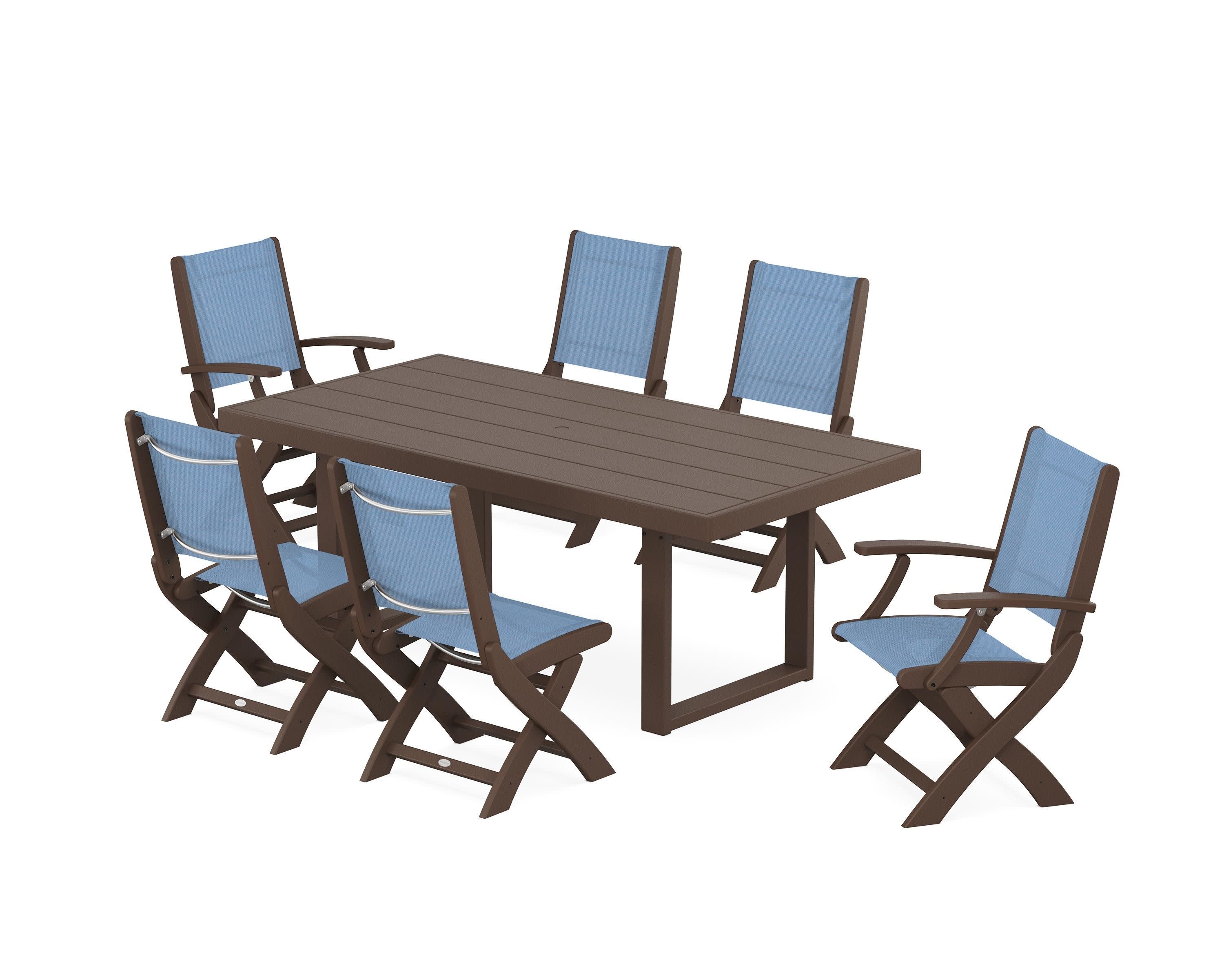 Coastal Folding Chair 7-Piece Dining Set with Trestle Legs in Mahogany / Poolside Sling