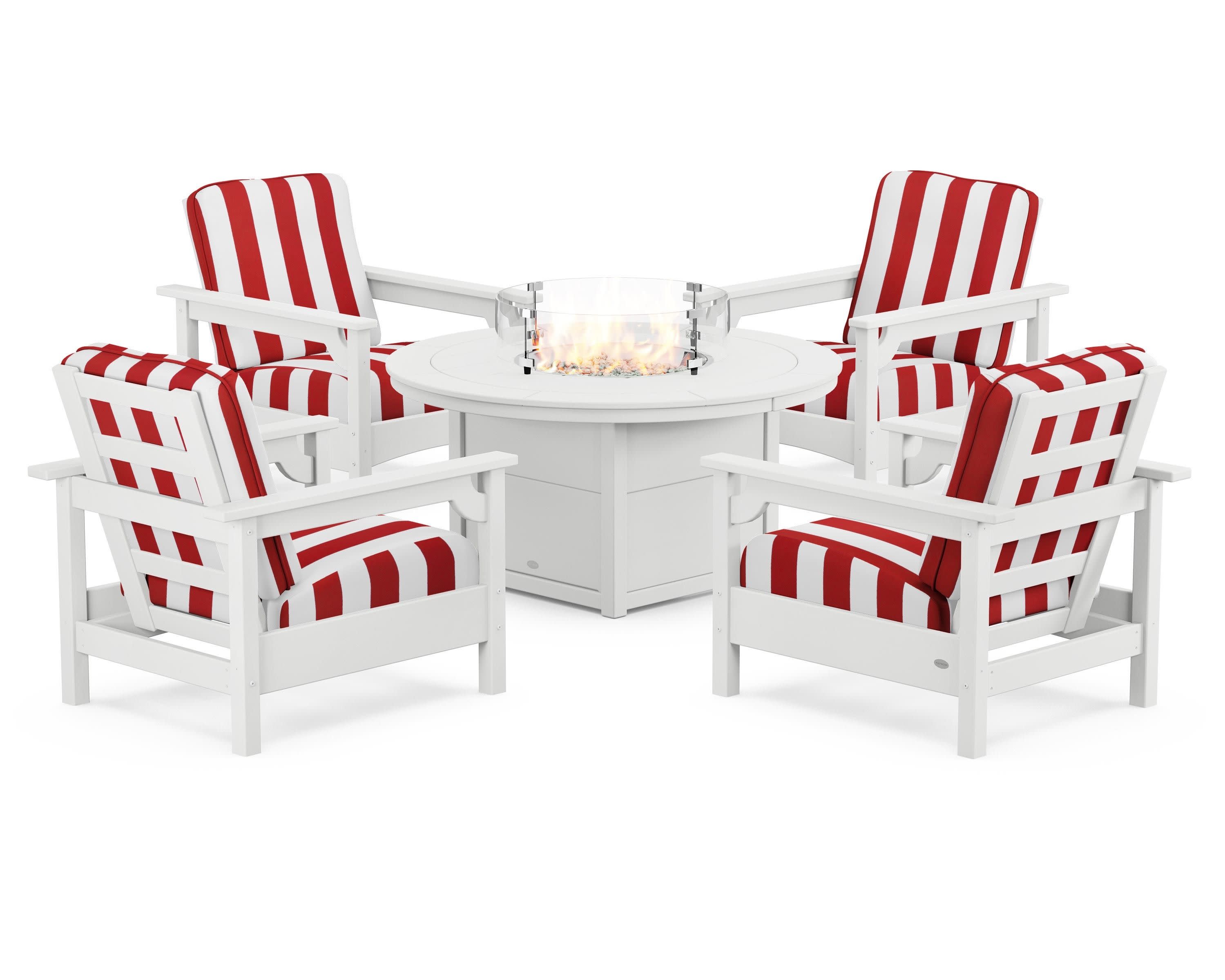 Club 5-Piece Conversation Set with Fire Pit Table in White / Cabana Stripe Crimson