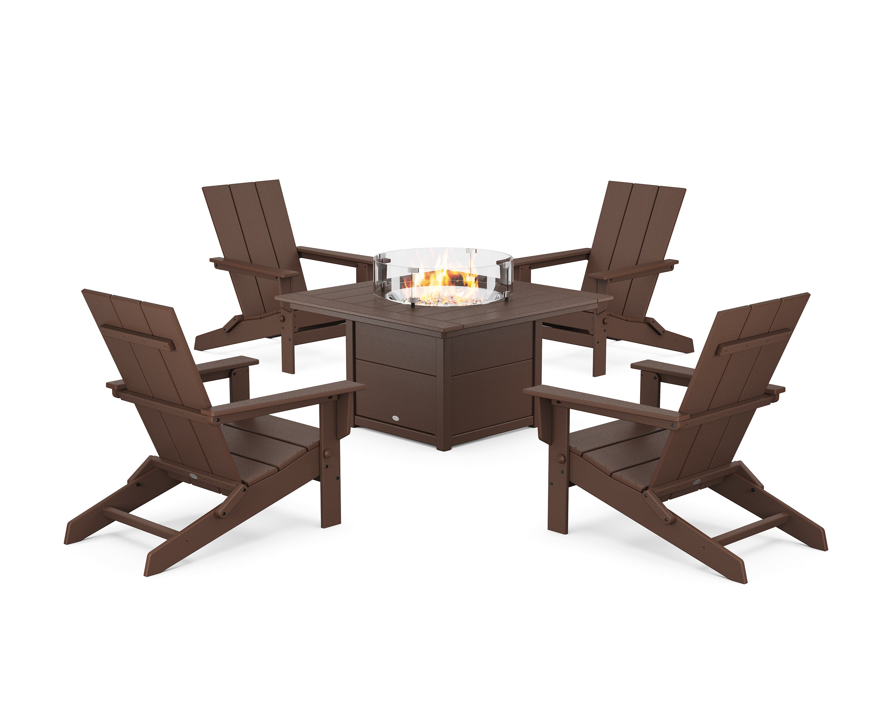 5-Piece Modern Studio Folding Adirondack Conversation Set with Fire Pit Table in Mahogany