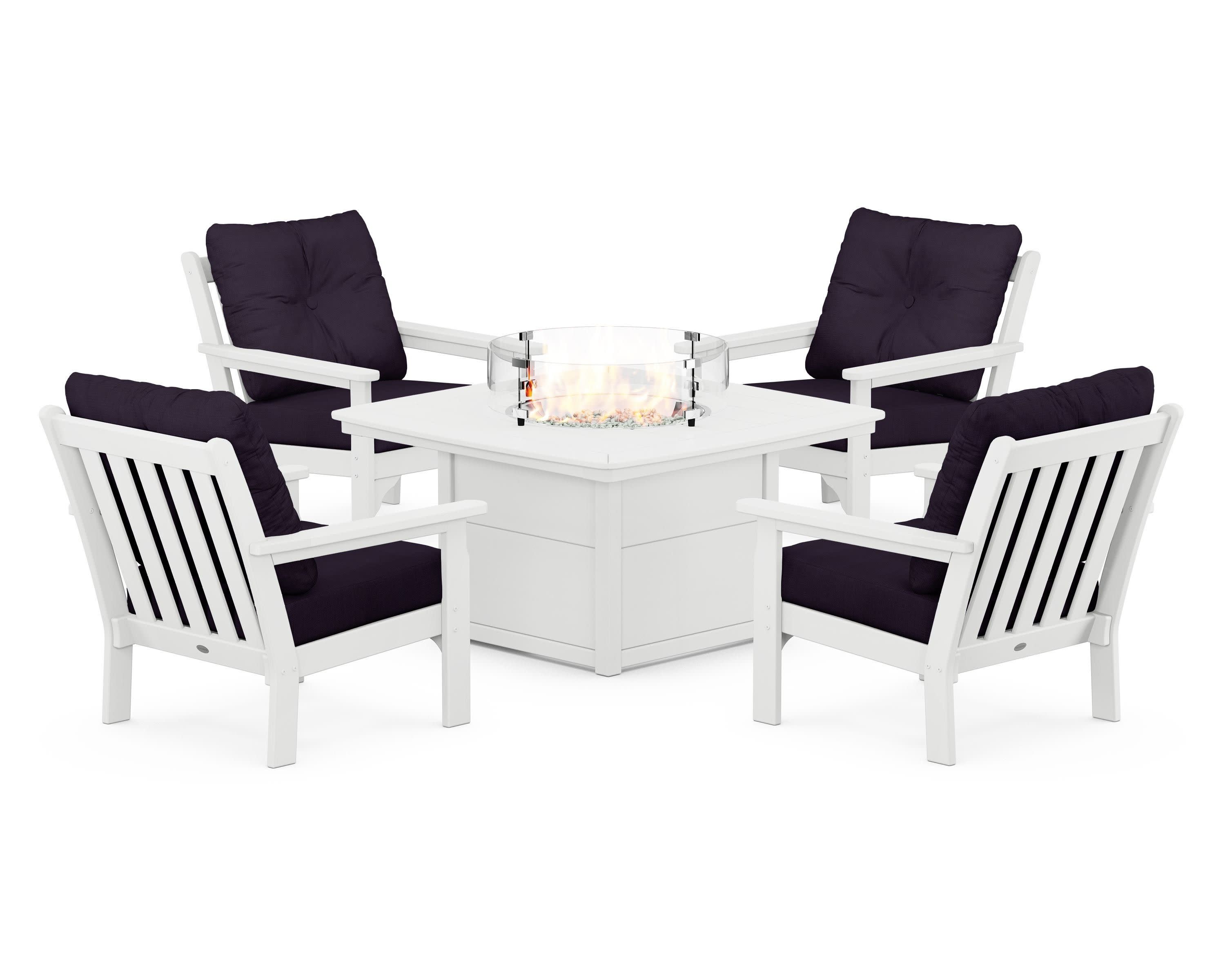 Vineyard 5-Piece Conversation Set with Fire Pit Table in White / Navy Linen