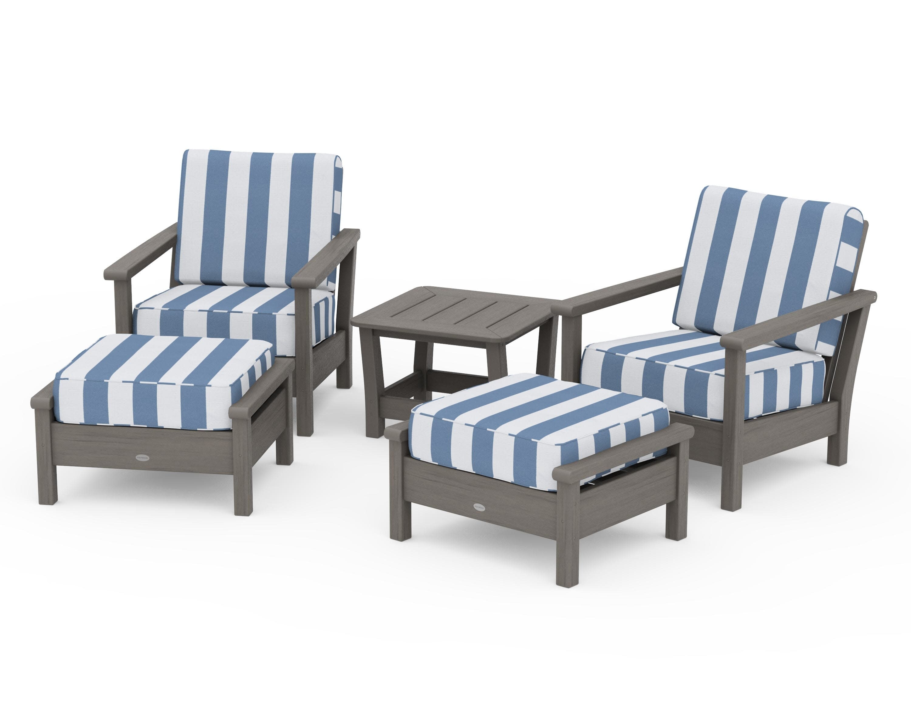Harbour 5-Piece Deep Seating Chair Set in Driftwood / Cabana Stripe Sky Blue
