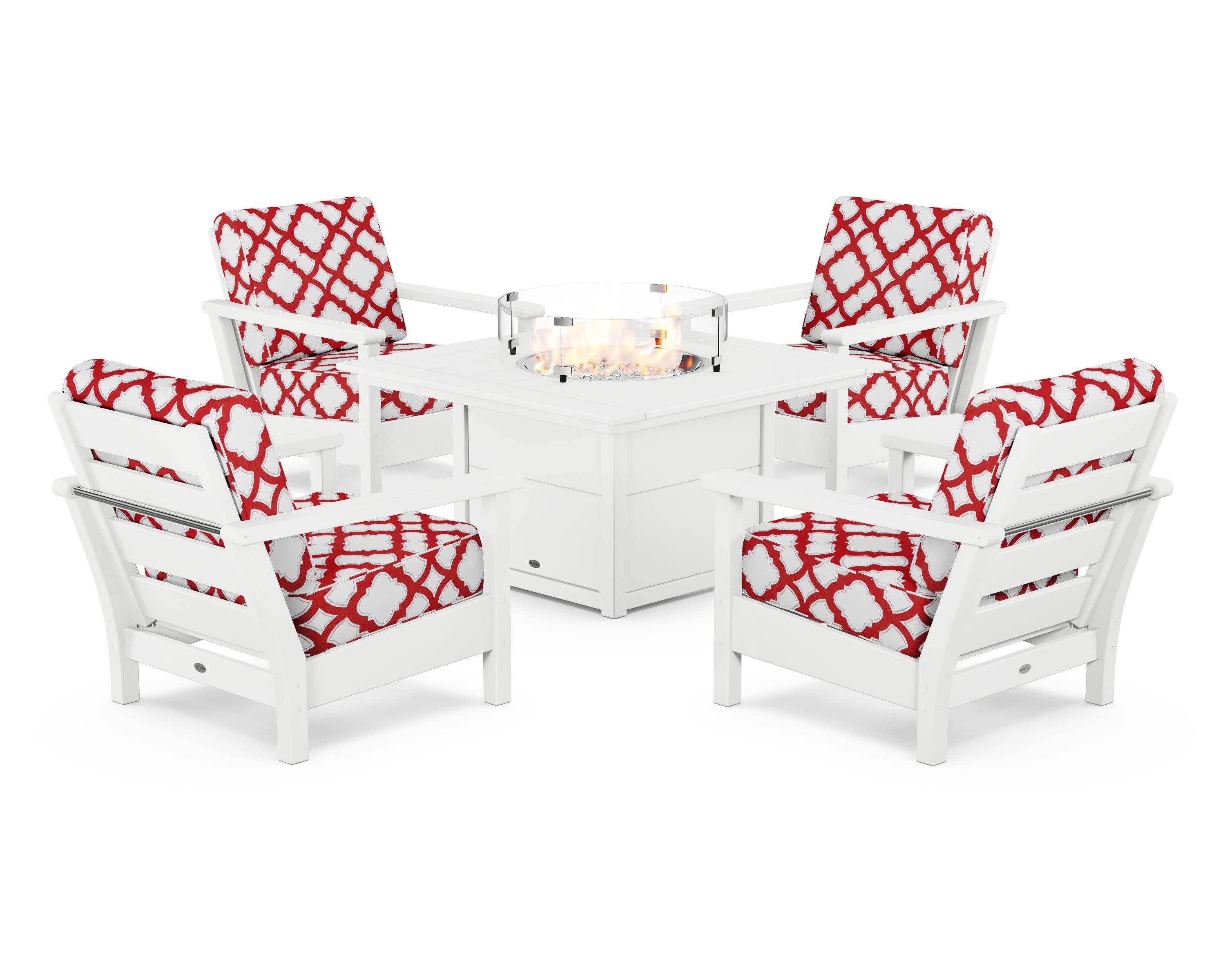 Harbour 5-Piece Conversation Set with Fire Pit Table in White / Trellis Crimson