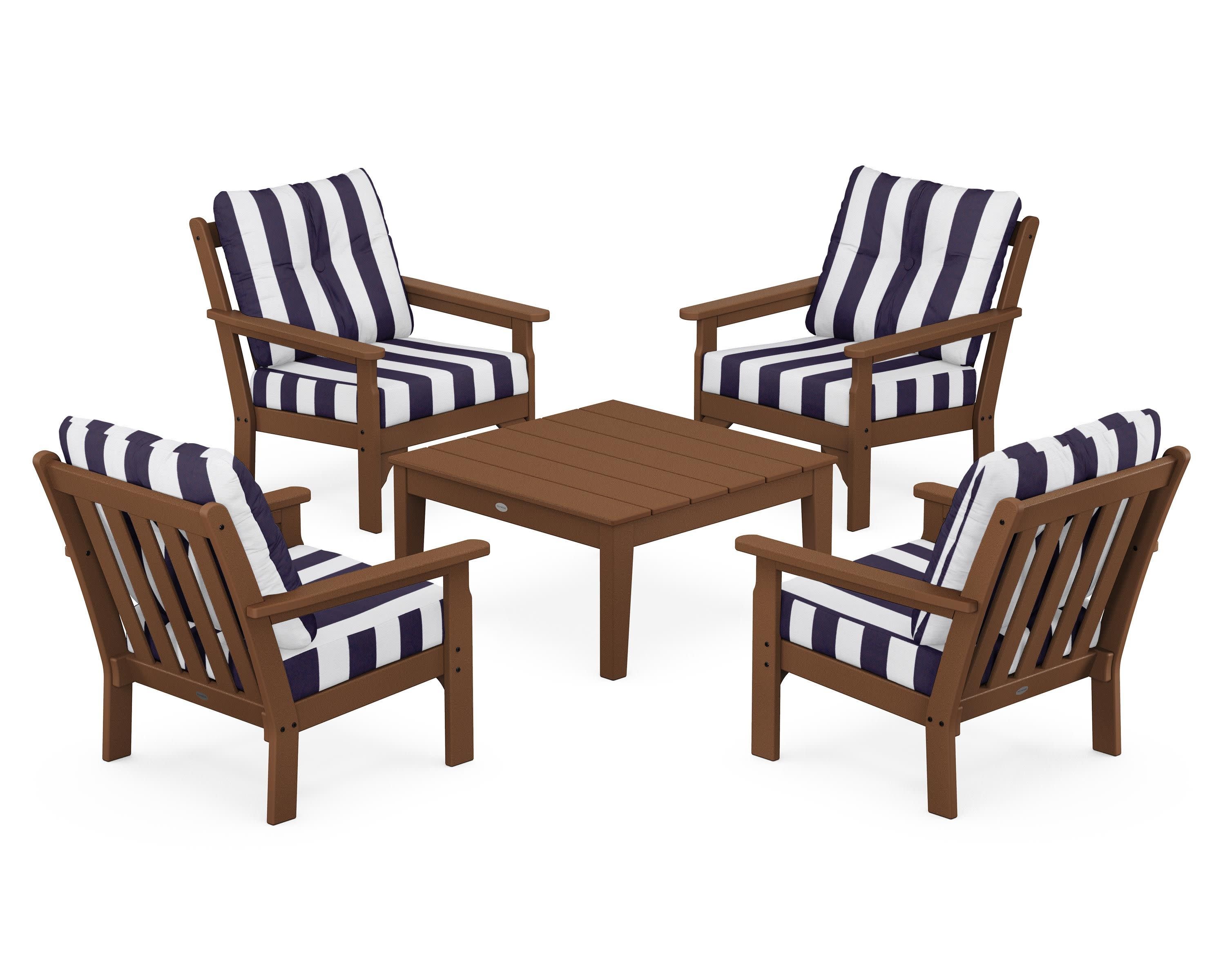 Vineyard 5-Piece Deep Seating Conversation Set in Teak / Cabana Stripe Navy