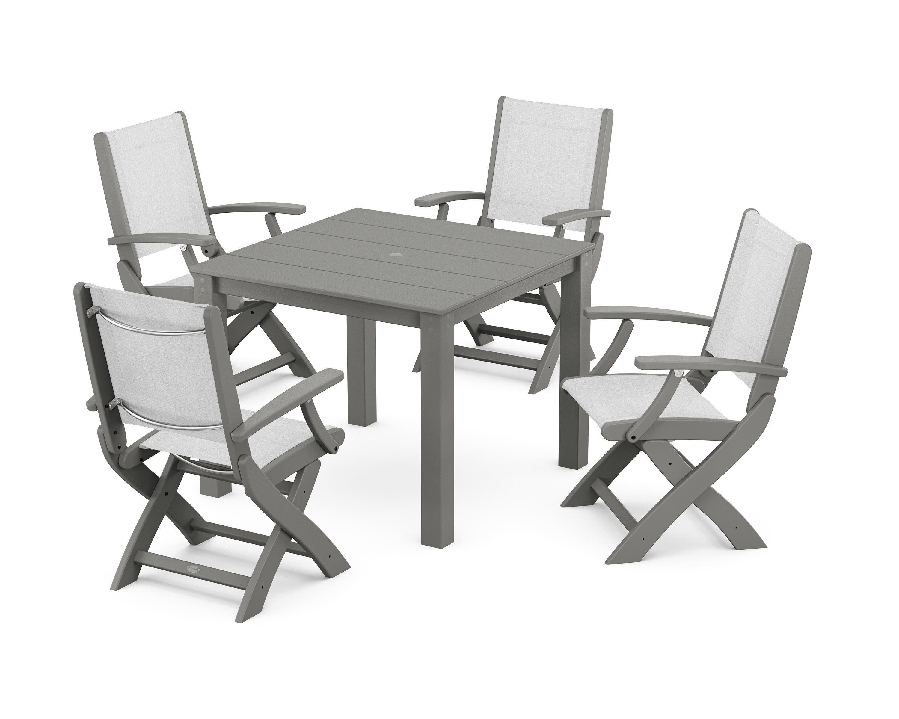 Coastal Folding Chair 5-Piece Parsons Dining Set in Slate Grey / White Sling