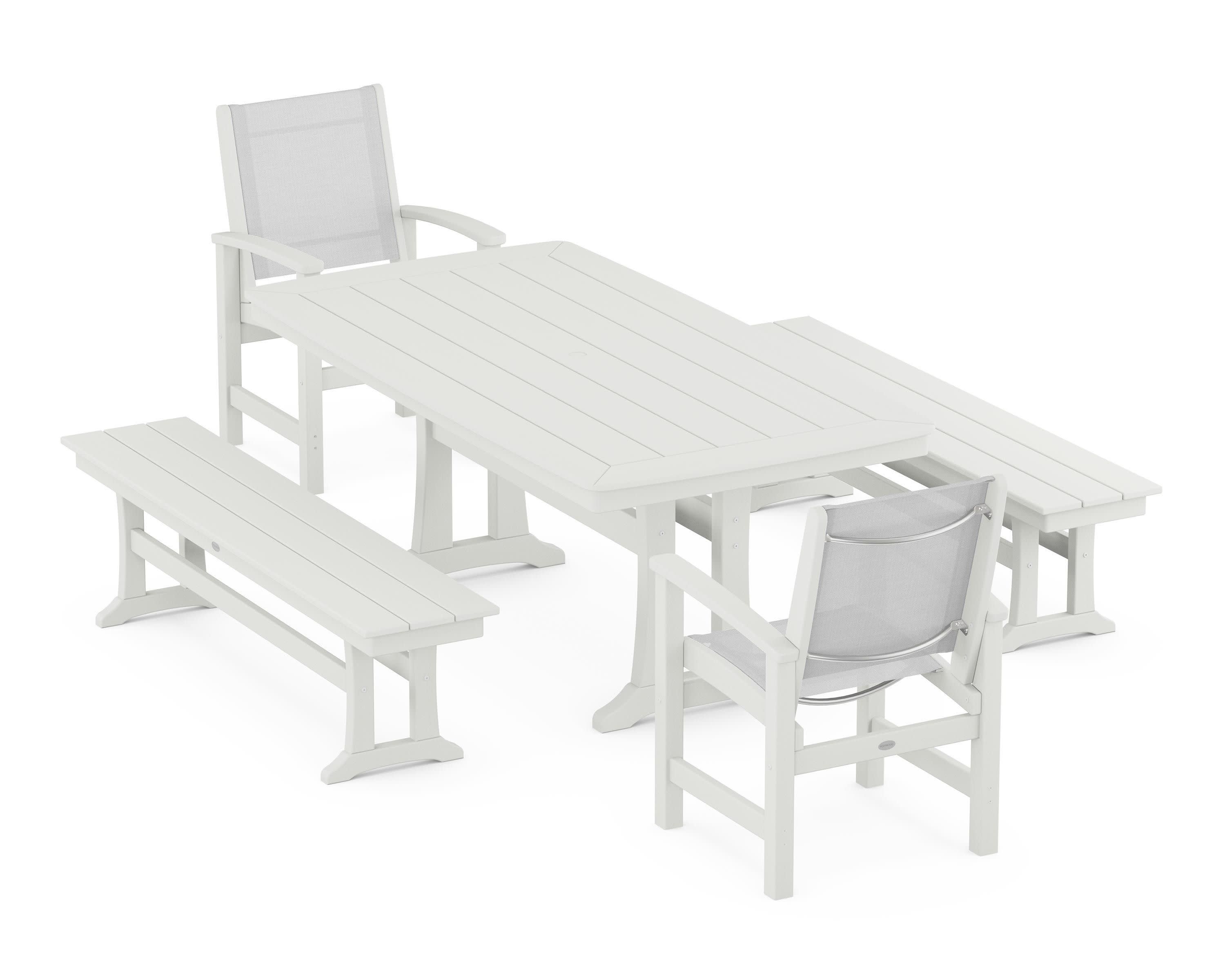 Coastal 5-Piece Dining Set with Trestle Legs and Benches in Vintage White / White Sling