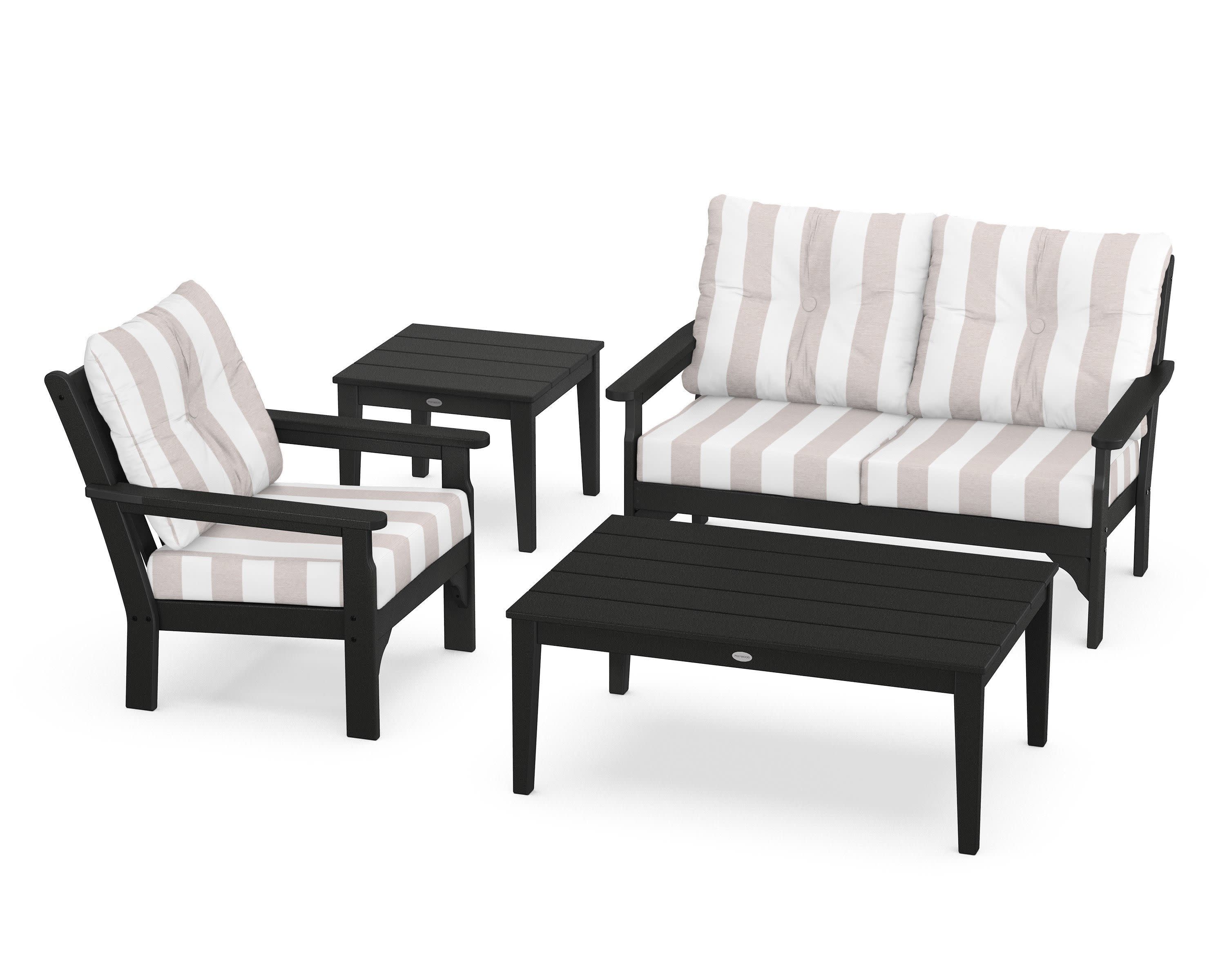 Vineyard 4-Piece Deep Seating Set in Black / Cabana Stripe Dune Burlap