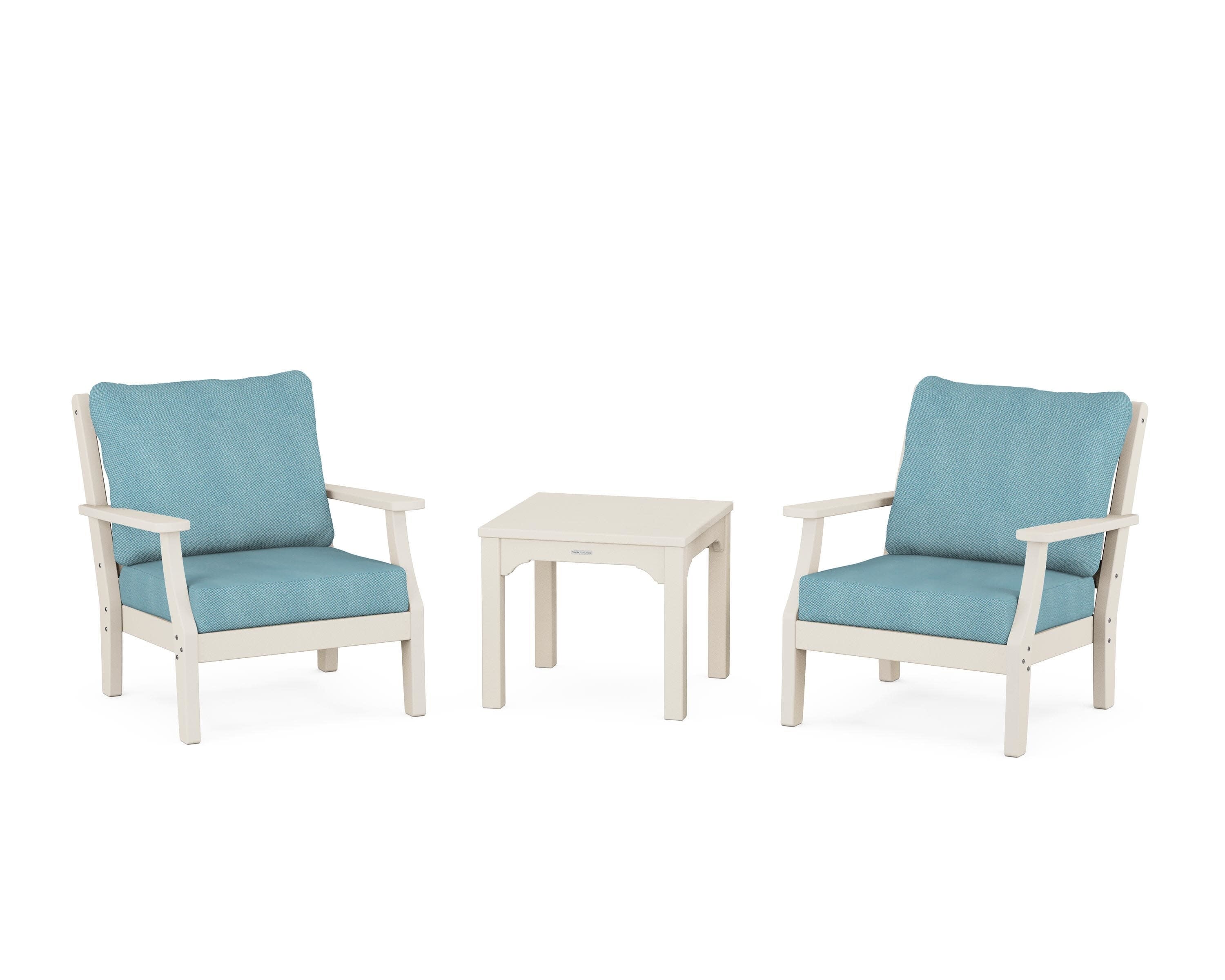 Chinoiserie 3-Piece Deep Seating Set in Sand / Lattice Sky Blue