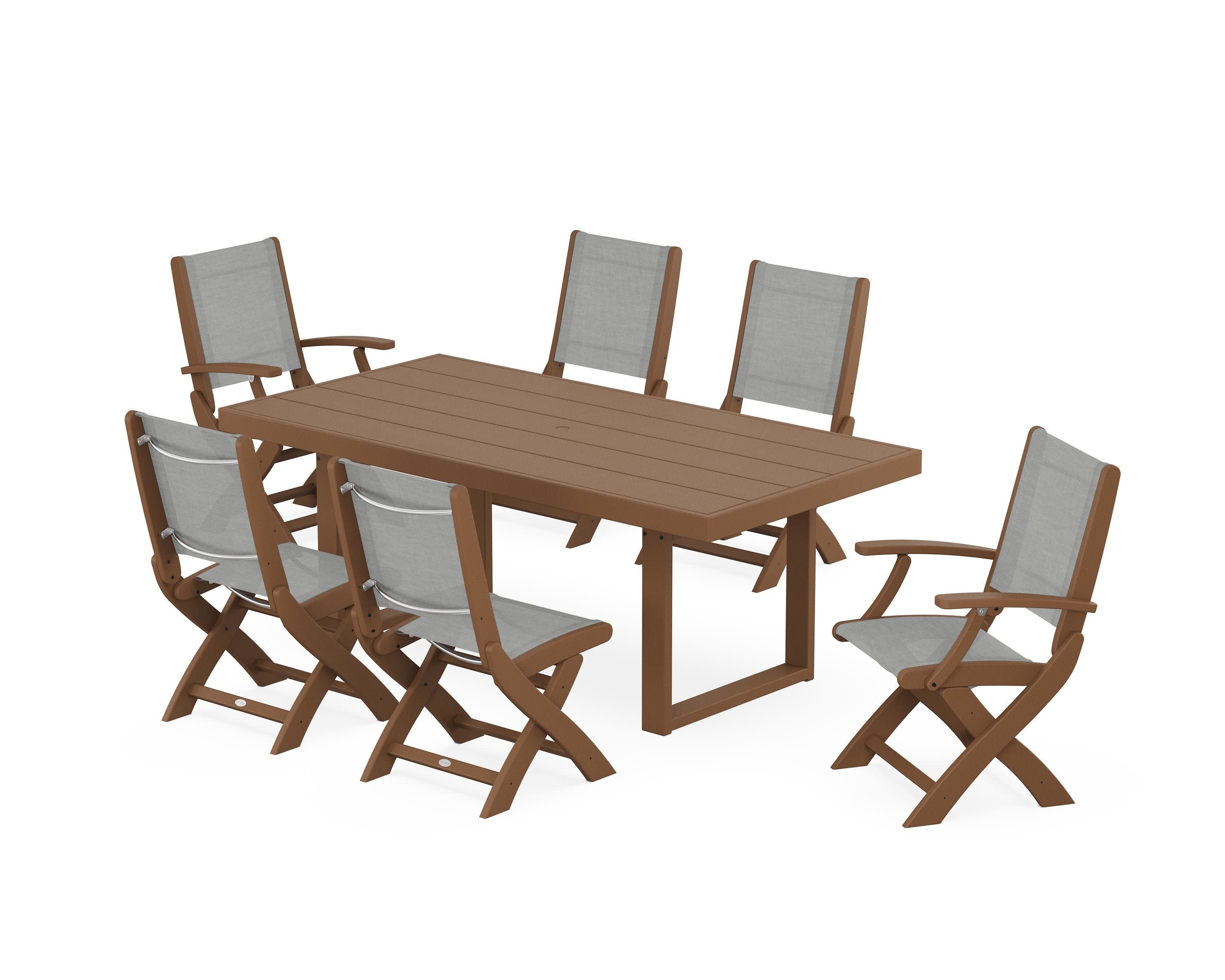 Coastal Folding Chair 7-Piece Dining Set with Trestle Legs in Teak / Metallic Sling