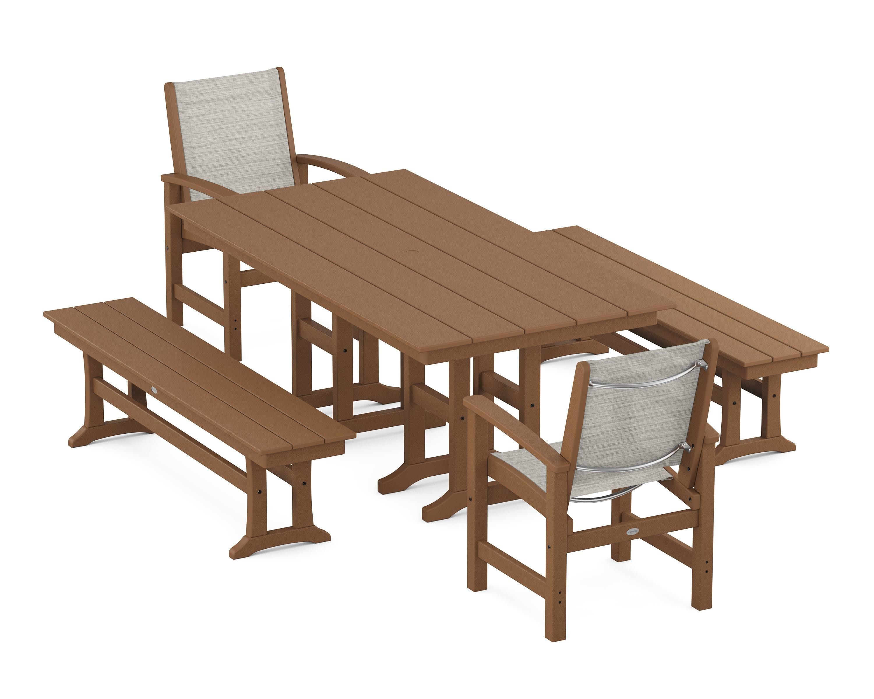 Coastal 5-Piece Farmhouse Dining Set in Teak / Birch Sling