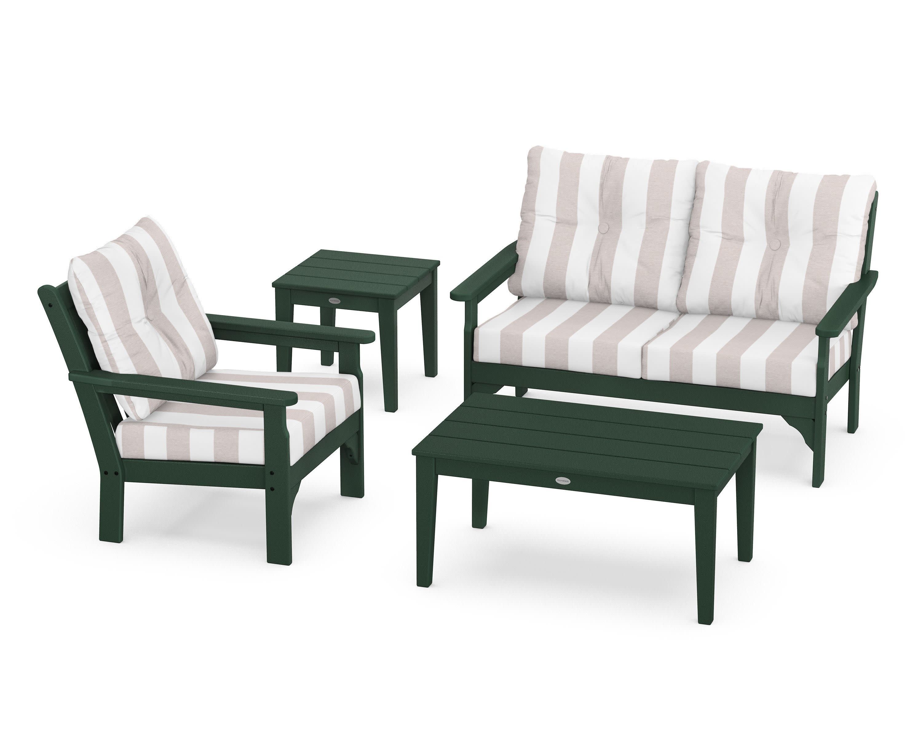 Vineyard 4-Piece Deep Seating Set in Green / Cabana Stripe Dune Burlap