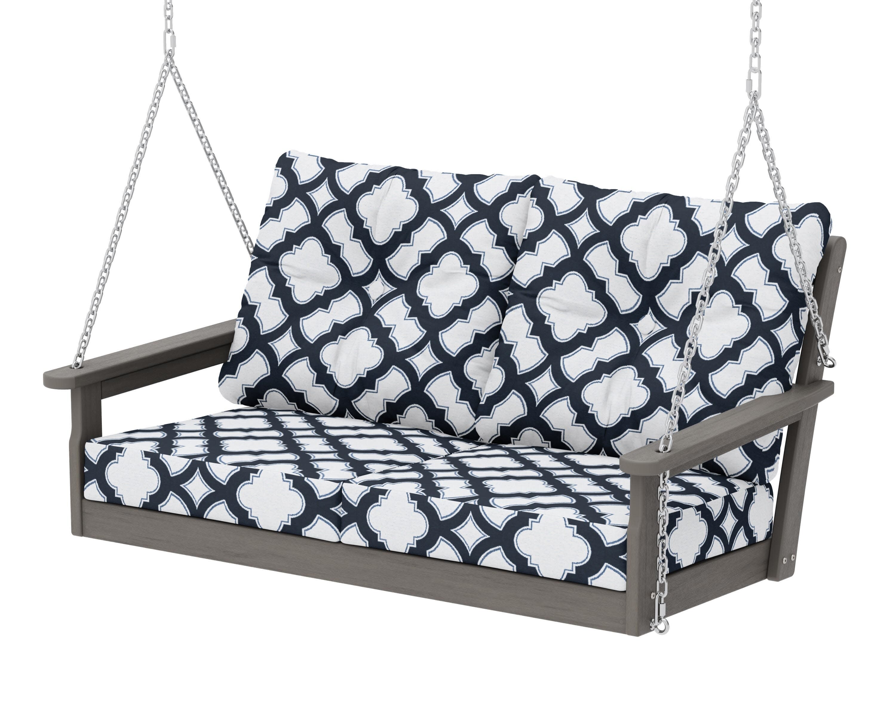 Vineyard Deep Seating Swing in Driftwood / Trellis Marine Indigo