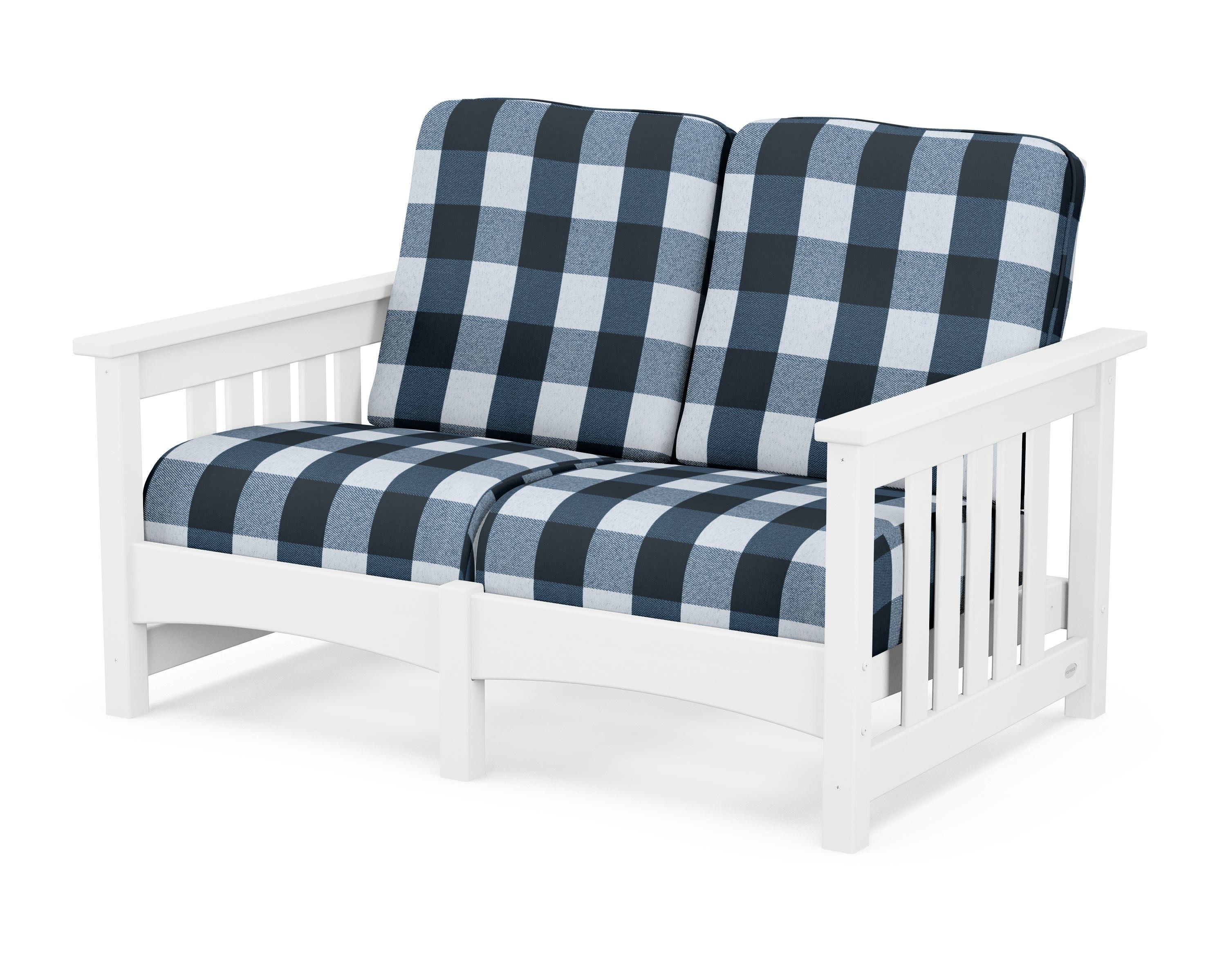 Club Mission Loveseat in White / Buffalo Plaid Marine Indigo