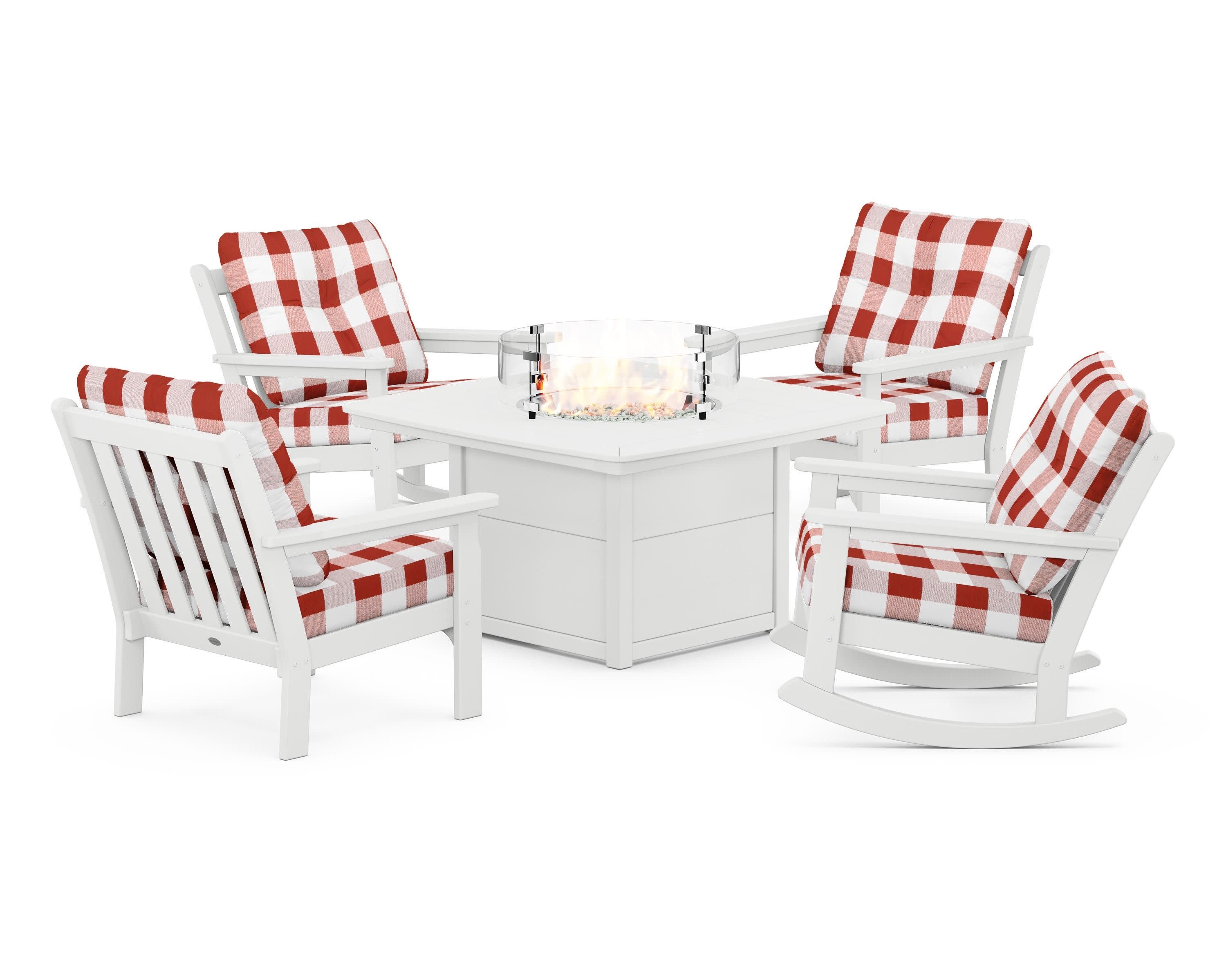 Vineyard 5-Piece Deep Seating Rocking Chair Conversation Set with Fire Pit Table in White / Buffalo Plaid Crimson