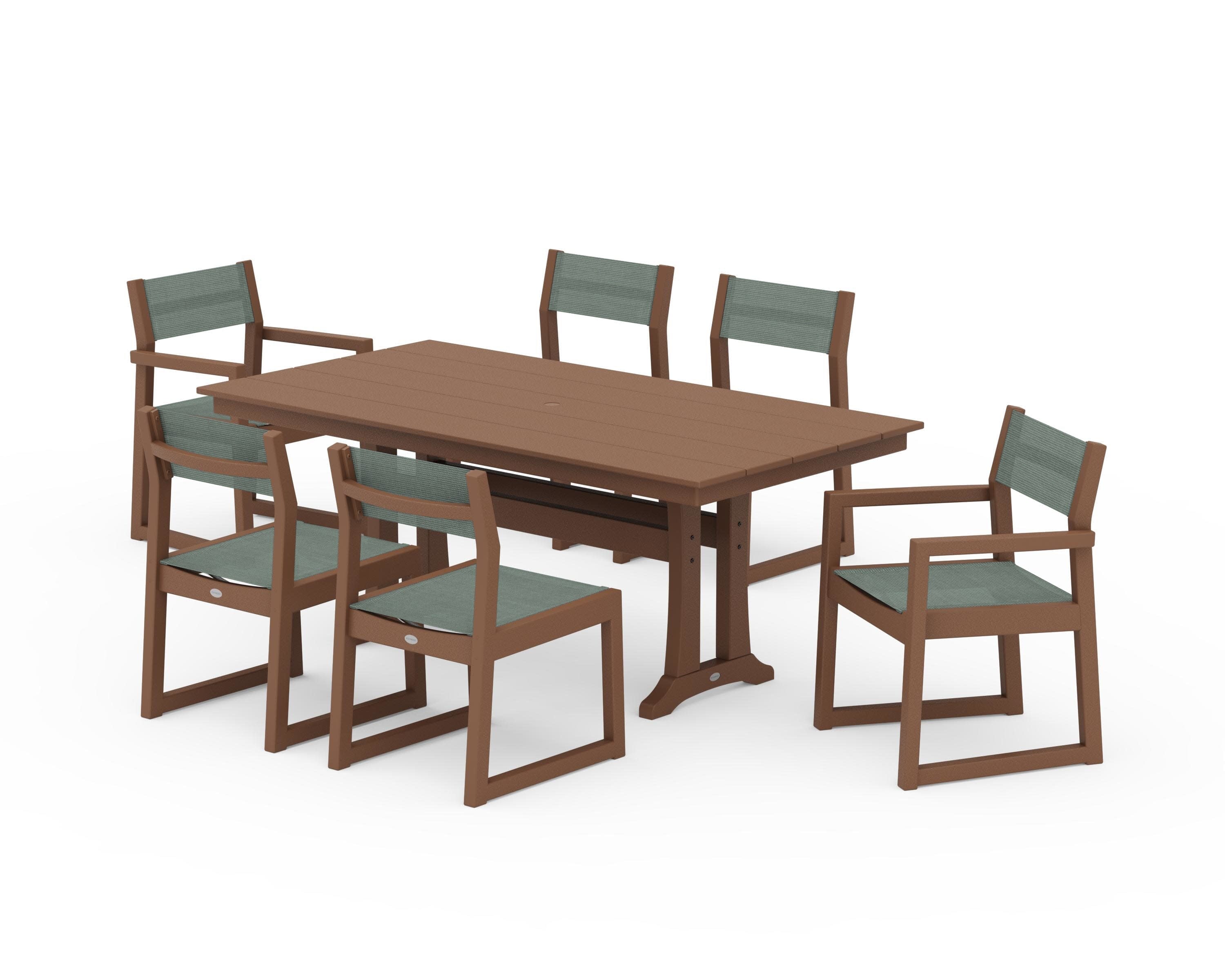 EDGE Sling 7-Piece Farmhouse Trestle Dining Set in Teak / Dupioni Sea Mist Sling