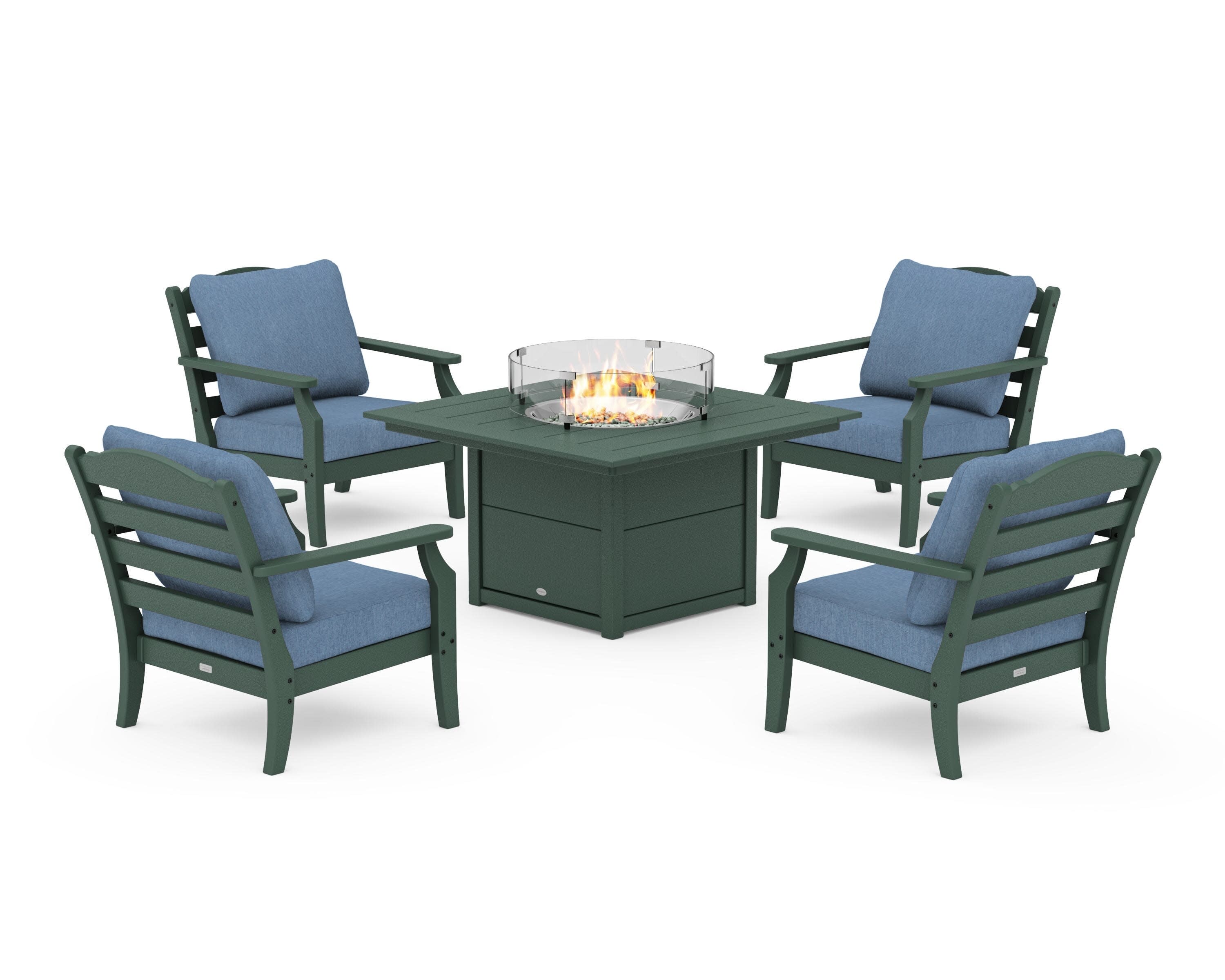 Savannah 5-Piece Deep Seating Set with Fire Pit Table in Green / Sky Blue