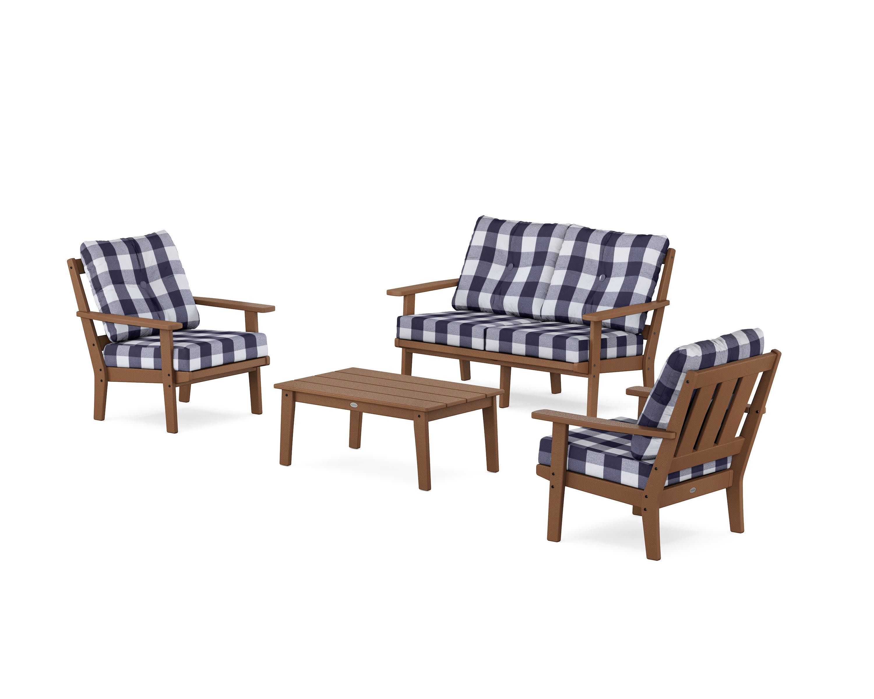 Oxford 4-Piece Deep Seating Set with Loveseat in Teak / Buffalo Plaid Navy
