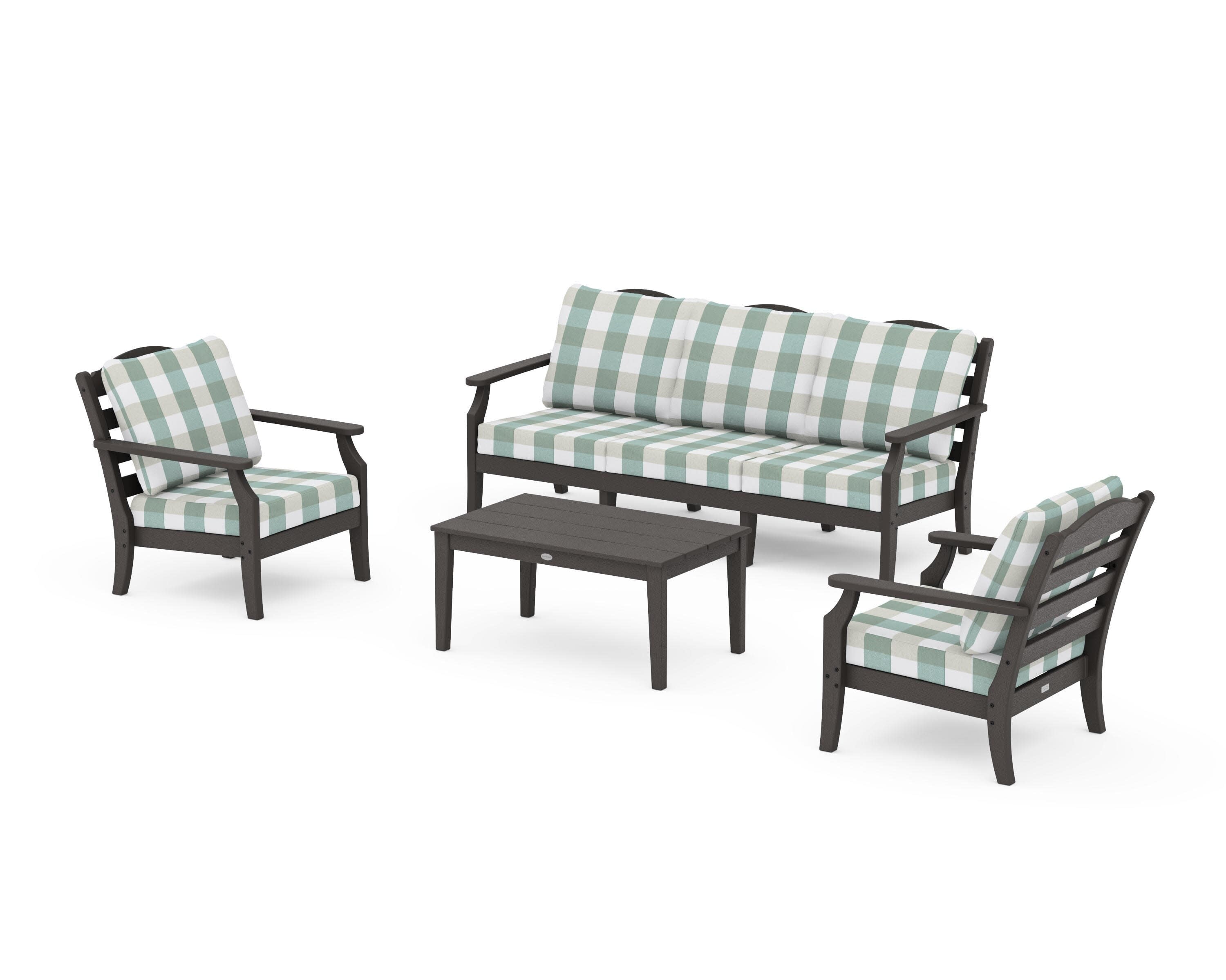 Savannah 4-Piece Deep Seating Set with Sofa in Vintage Coffee / Buffalo Plaid Glacier Spa