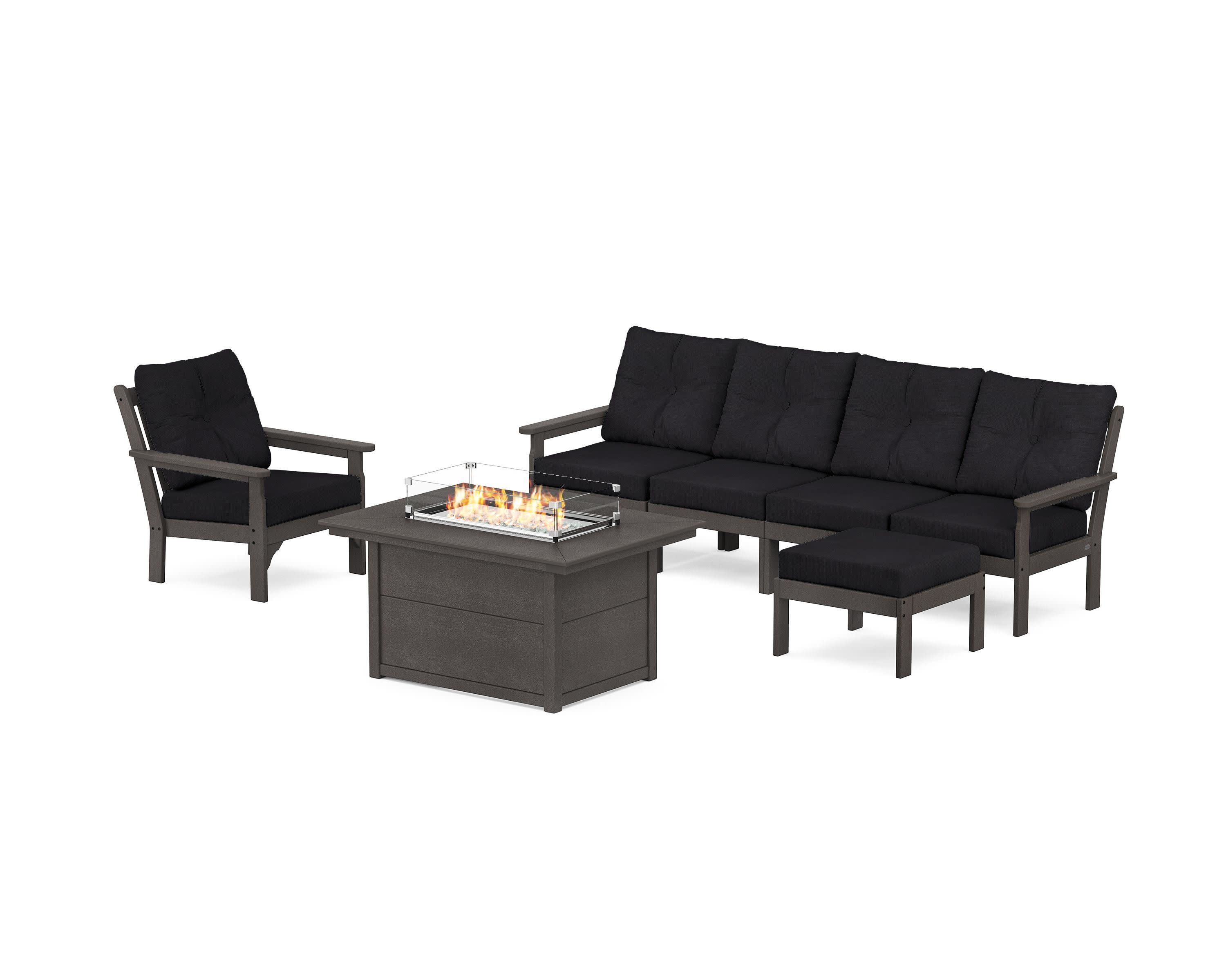 Vineyard Sectional Lounge and Fire Pit Set in Vintage Coffee / Midnight Linen