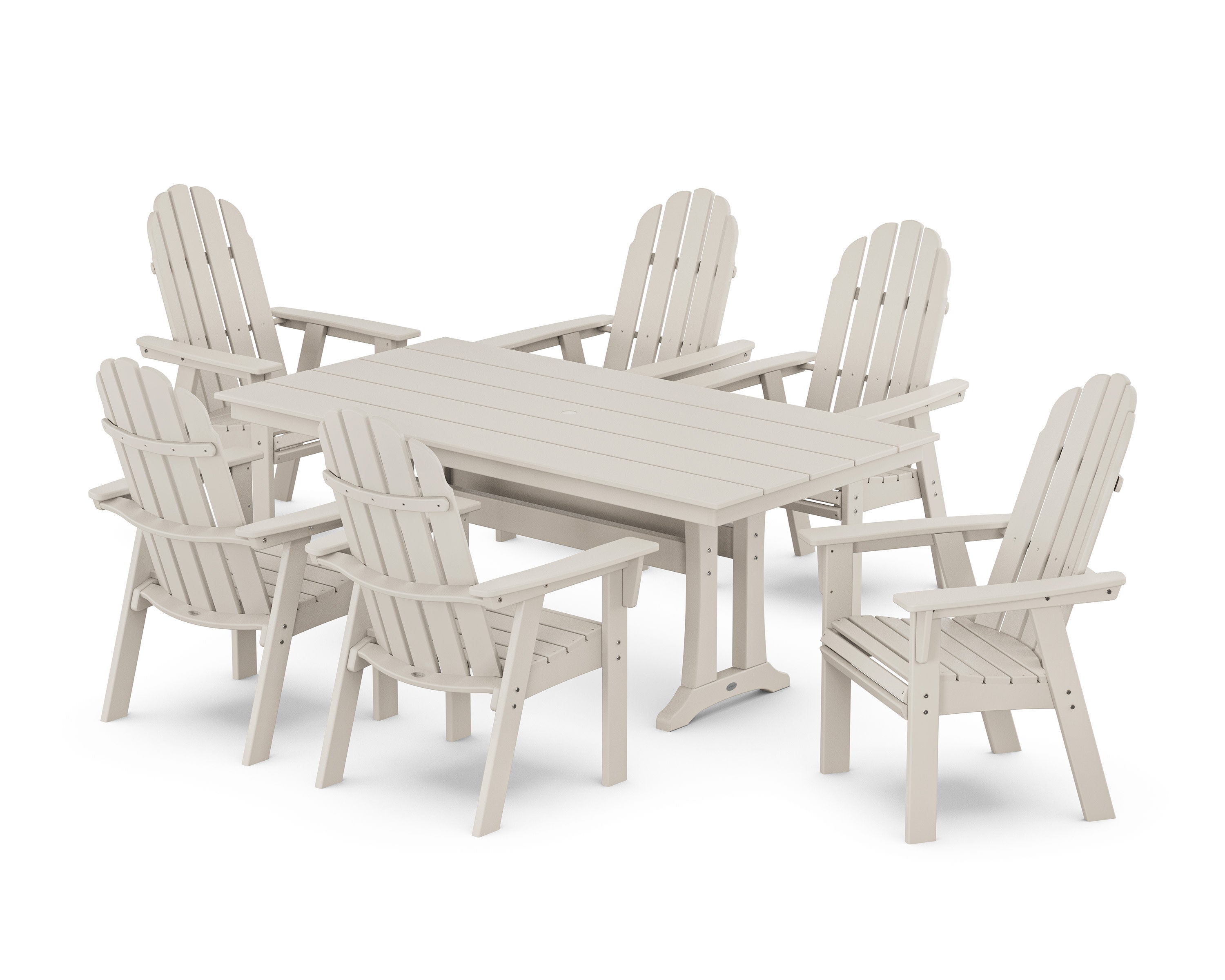 Vineyard Curveback Adirondack Chair 7-Piece Farmhouse Dining Set with Trestle Legs in Sand