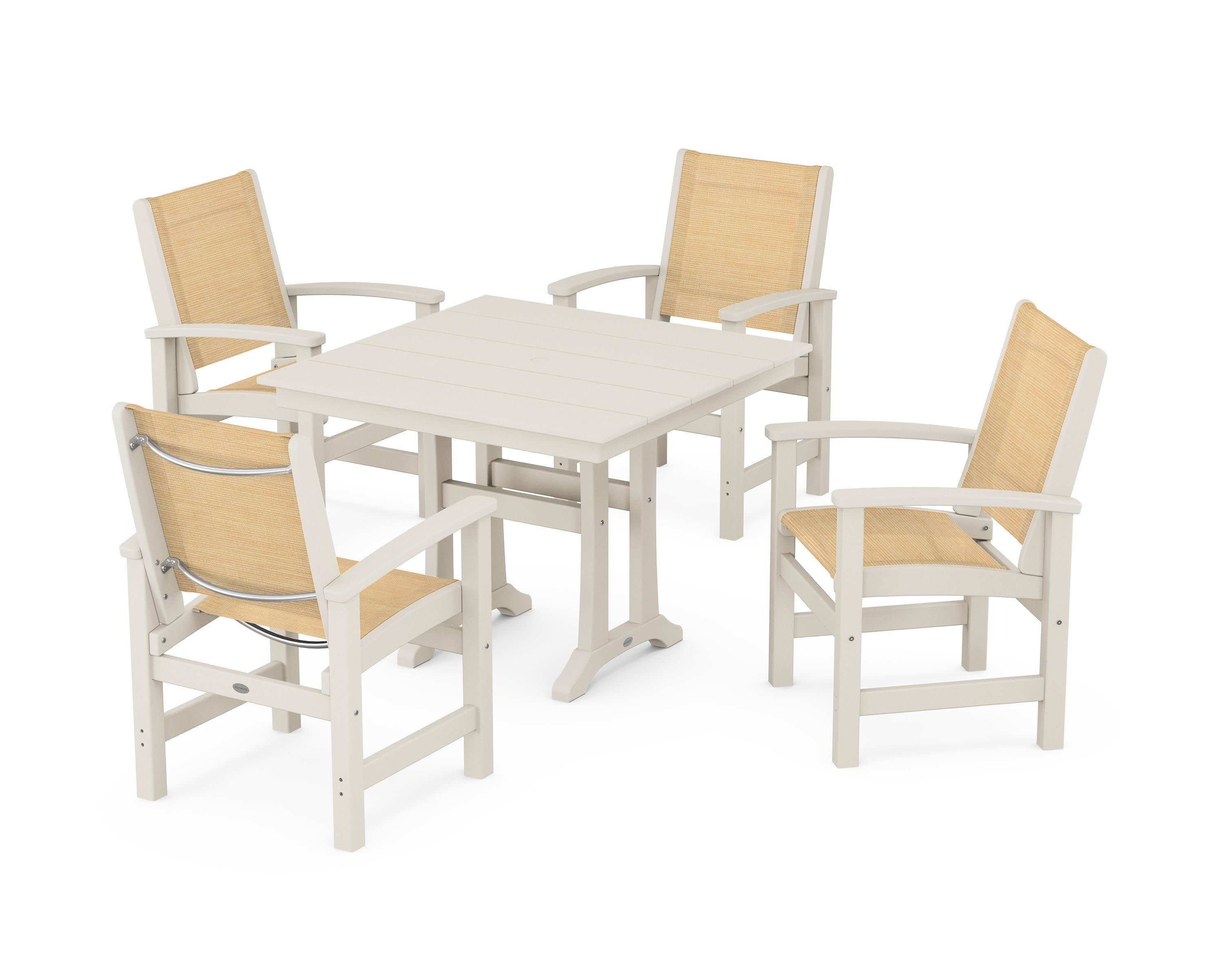 Coastal 5-Piece Farmhouse Dining Set With Trestle Legs in Sand / Dupioni Apricot Sling