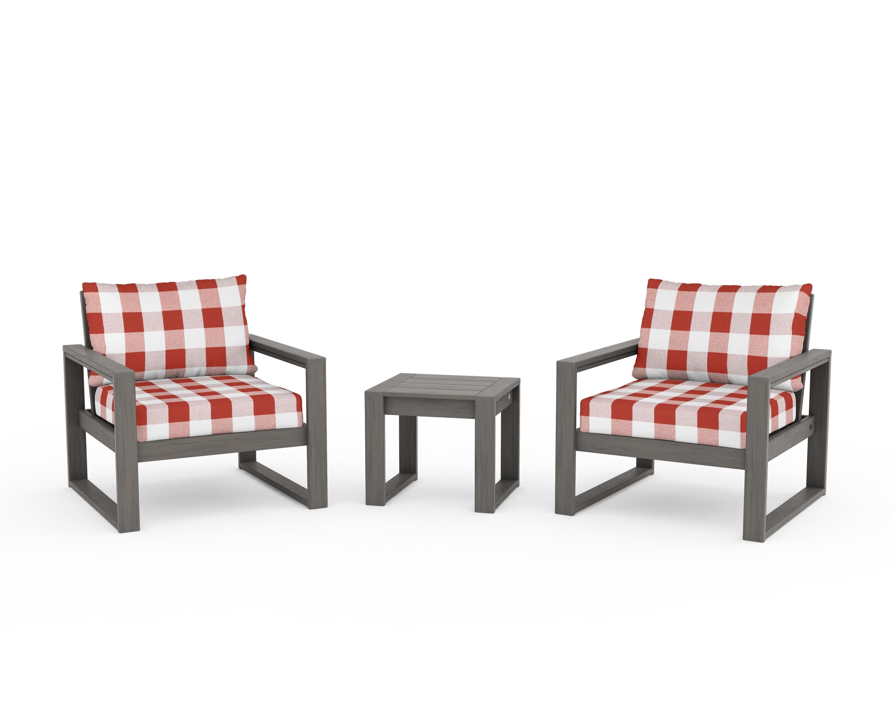 EDGE Sectional 3-Piece Deep Seating Set in Driftwood / Buffalo Plaid Crimson