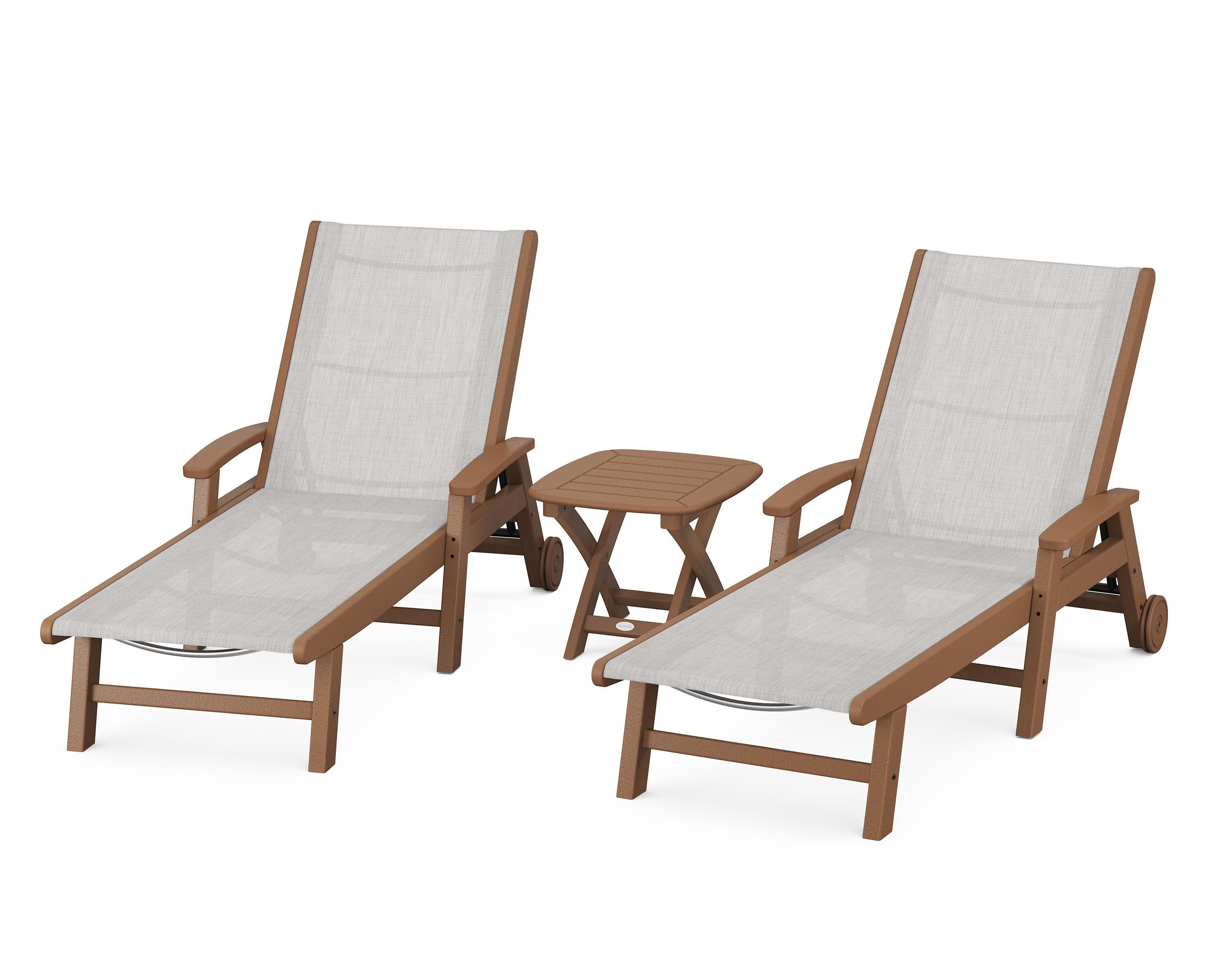 Coastal 3-Piece Wheeled Chaise Set in Teak / Parchment Sling