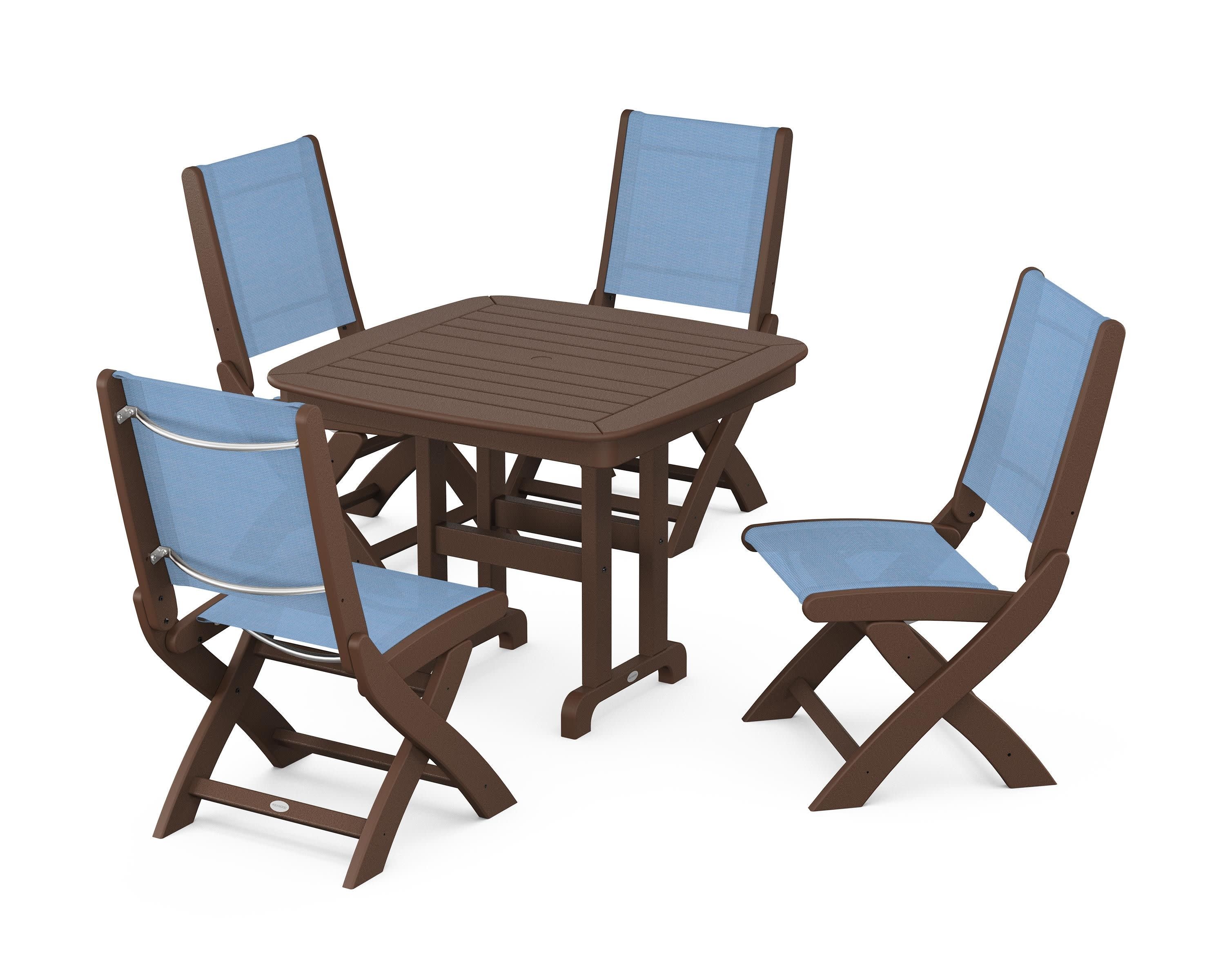 Coastal Folding Side Chair 5-Piece Dining Set in Mahogany / Poolside Sling