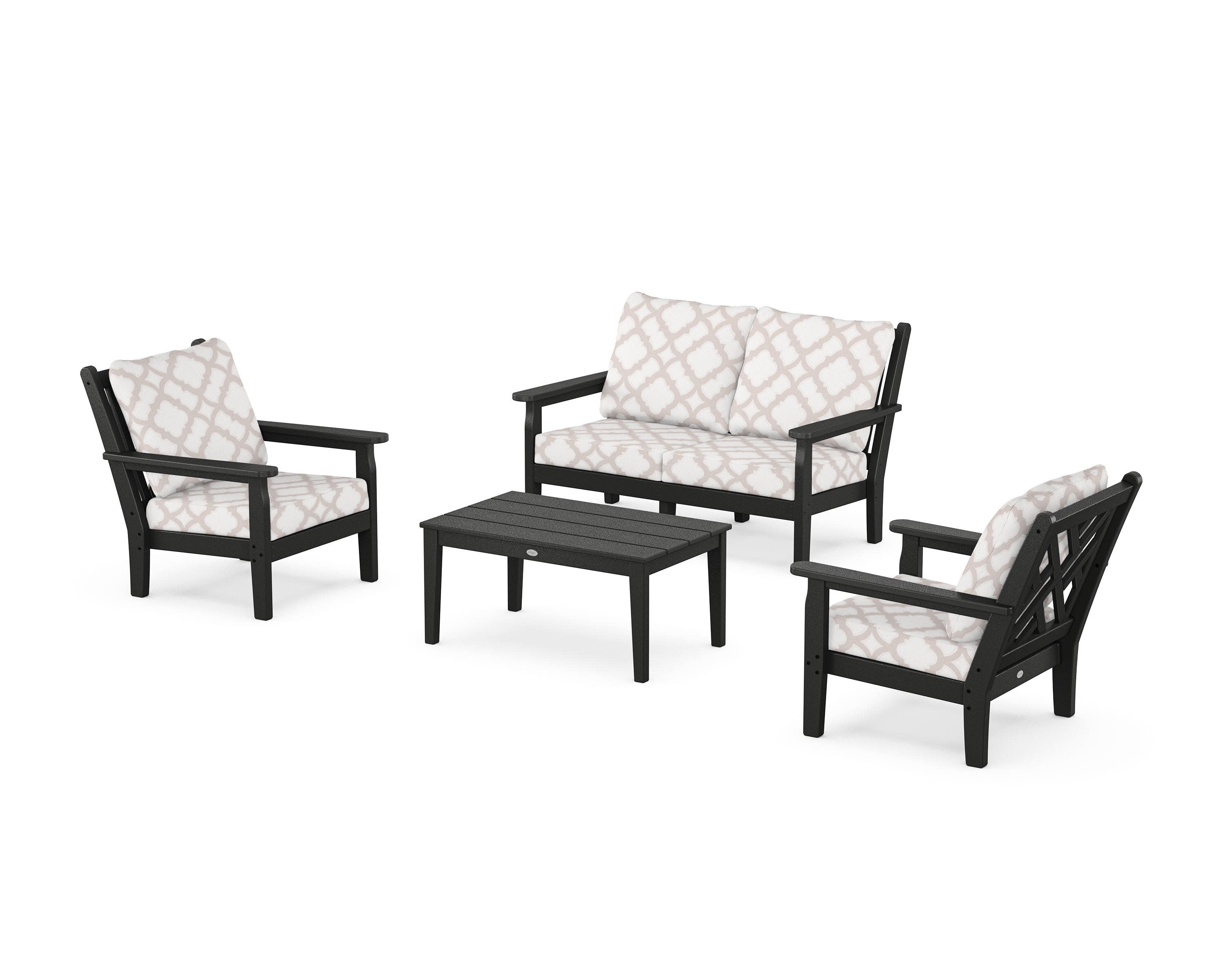 Chippendale 4-Piece Deep Seating Set with Loveseat in Black / Trellis Dune Burlap