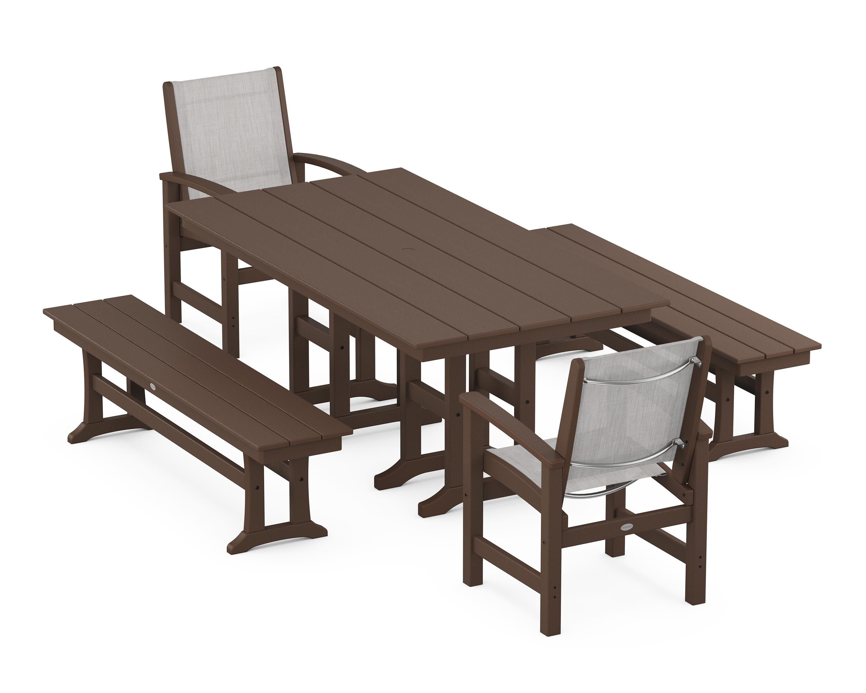 Coastal 5-Piece Farmhouse Dining Set in Mahogany / Parchment Sling