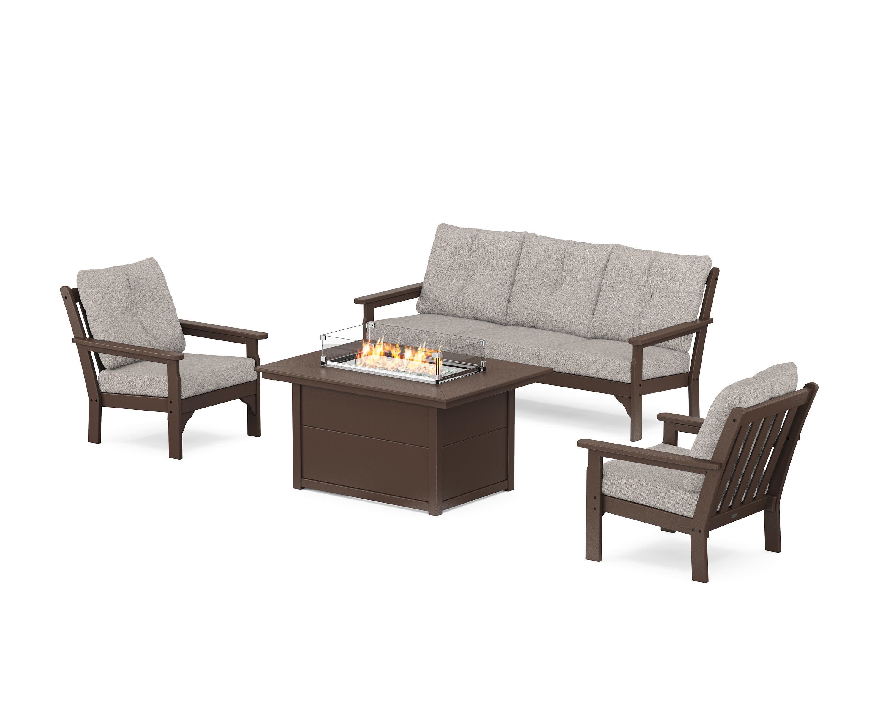 Vineyard Deep Seating Fire Pit Table Set in Mahogany / Weathered Tweed