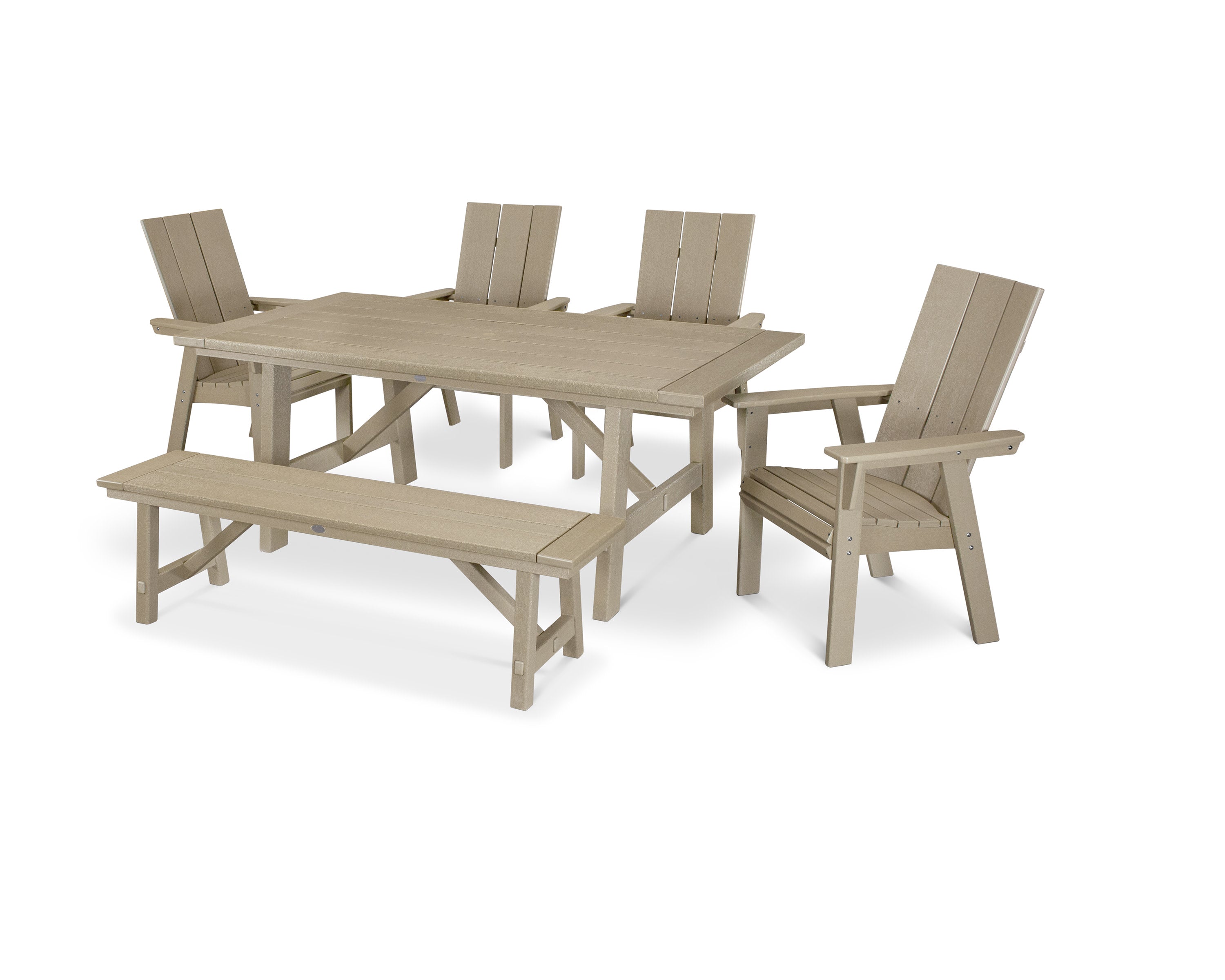 Modern Curveback Adirondack 6-Piece Rustic Farmhouse Dining Set with Bench in Vintage Sahara