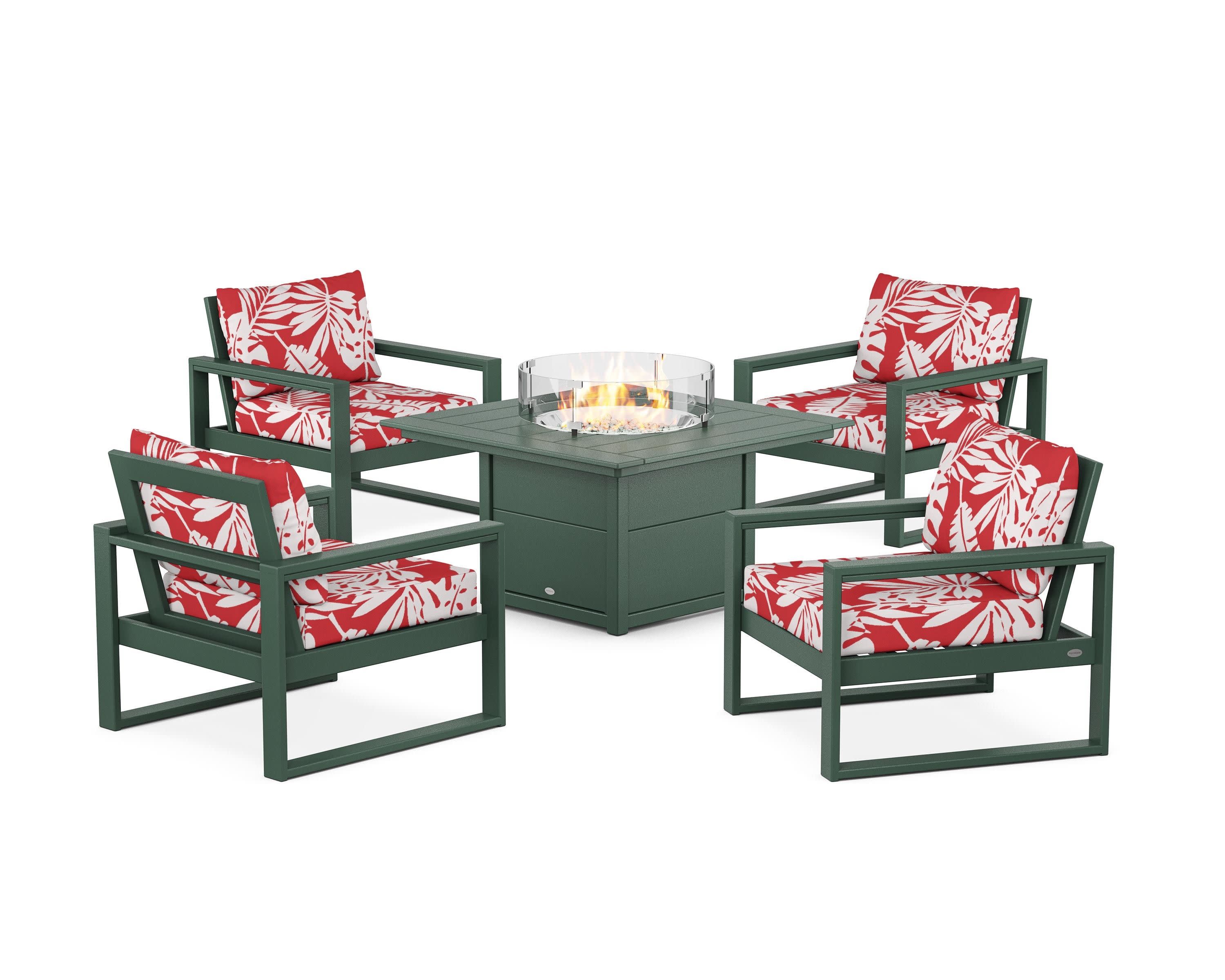 EDGE Sectional 5-Piece Deep Seating Set with Fire Pit Table in Green / Leaf Crimson