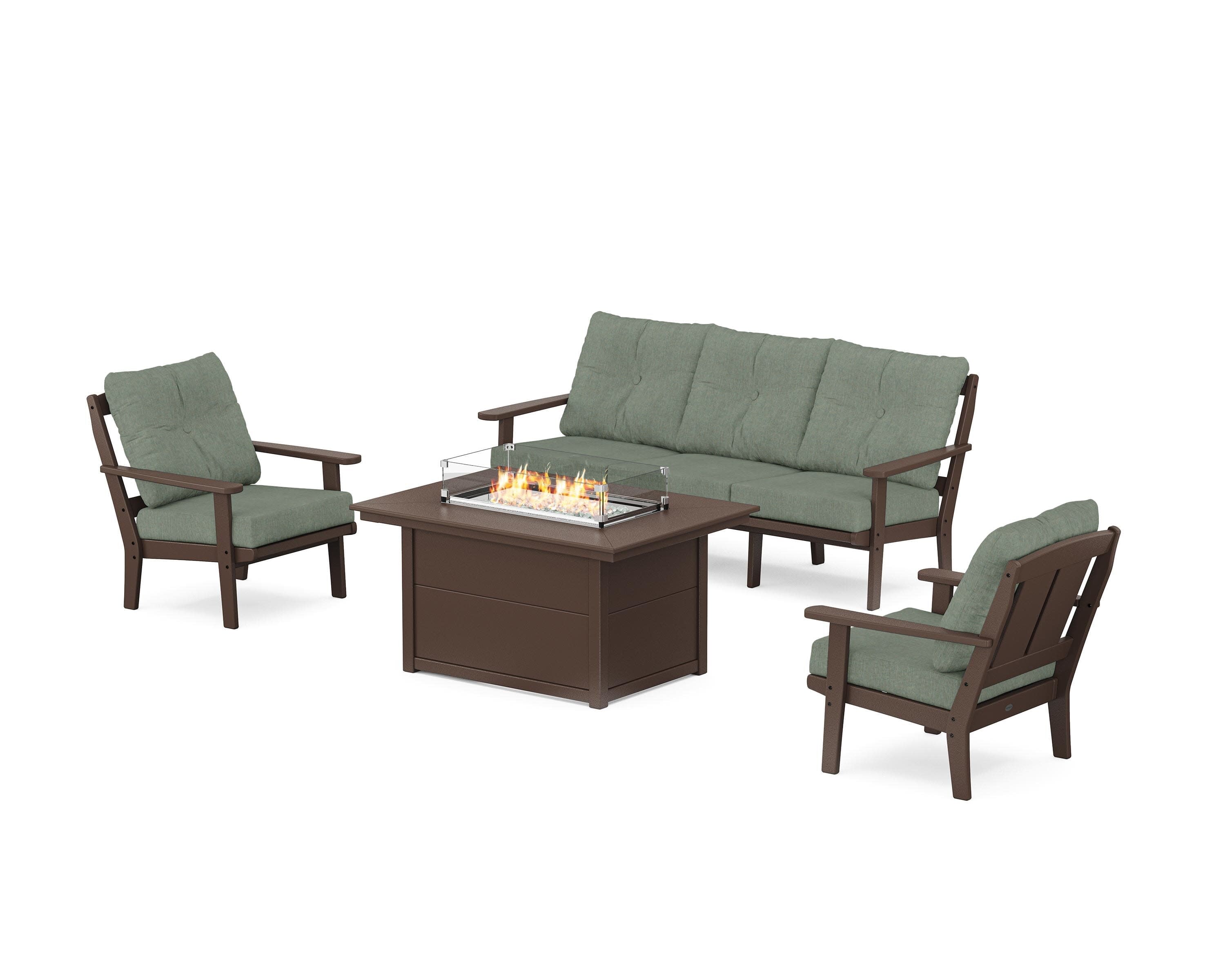 Mission Deep Seating Fire Pit Table Set in Mahogany / Cast Sage