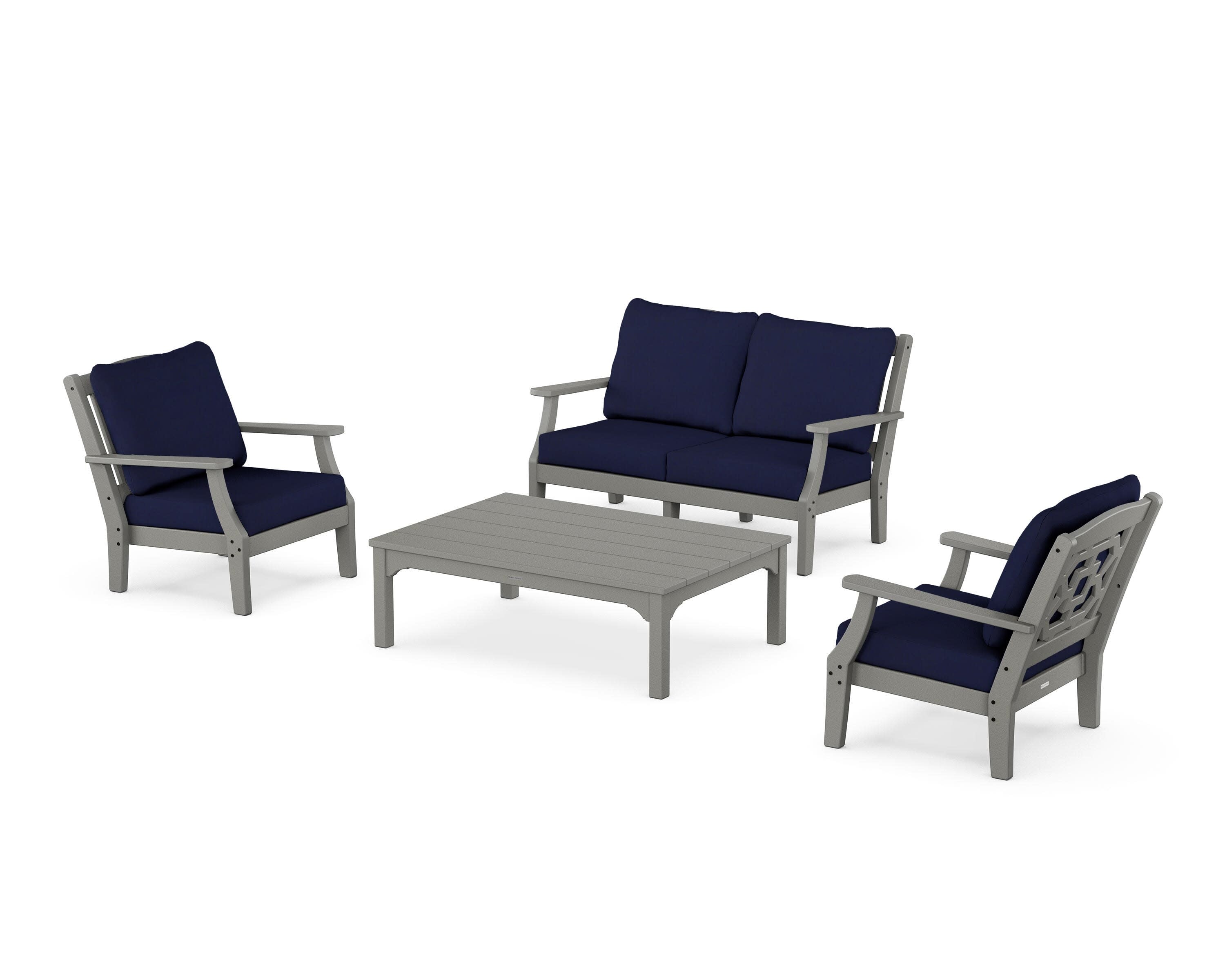 Chinoiserie 4-Piece Deep Seating Set with Loveseat in Slate Grey / Navy
