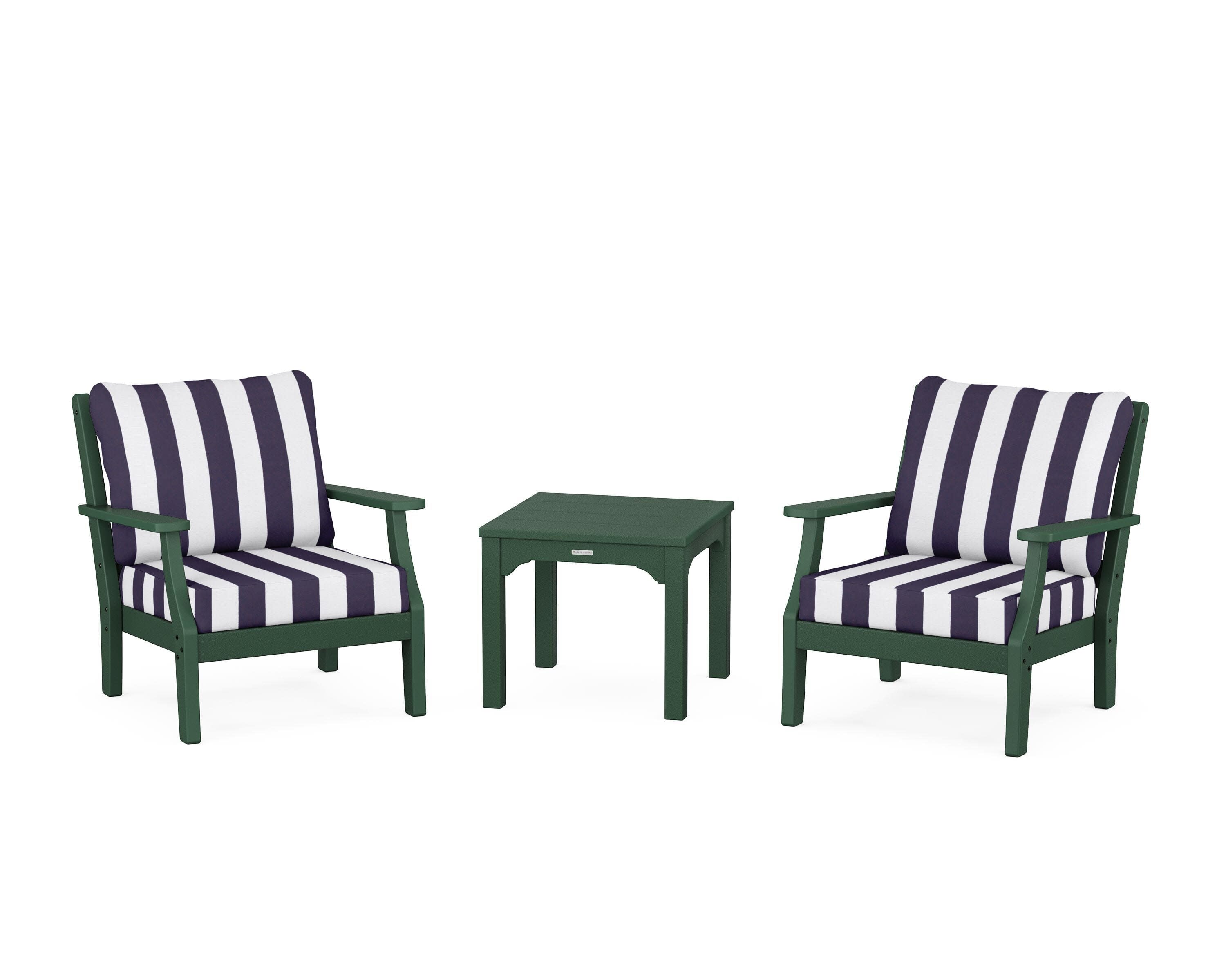 Chinoiserie 3-Piece Deep Seating Set in Green / Cabana Stripe Navy