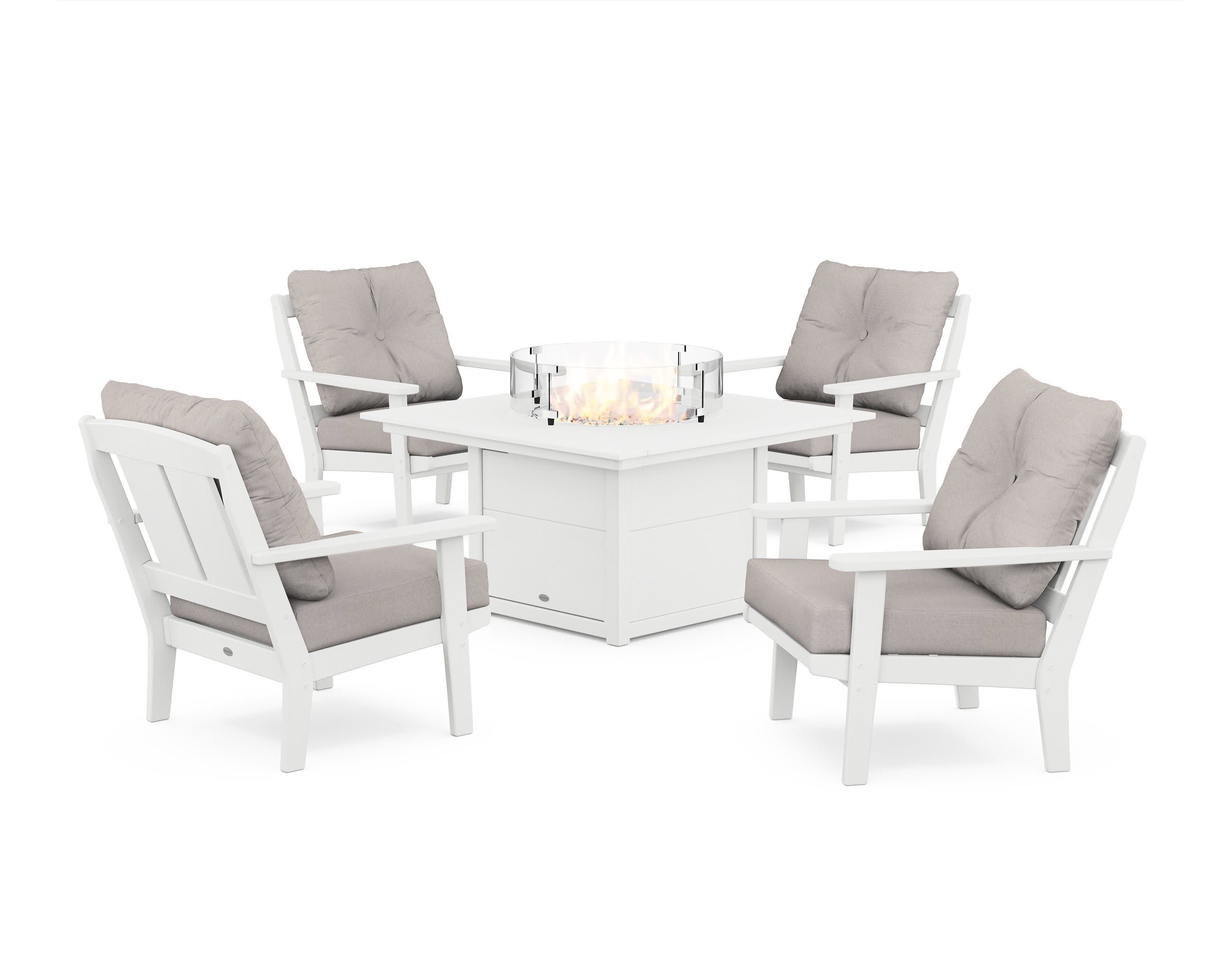 Mission 5-Piece Deep Seating Set with Fire Pit Table in White / Dune Burlap