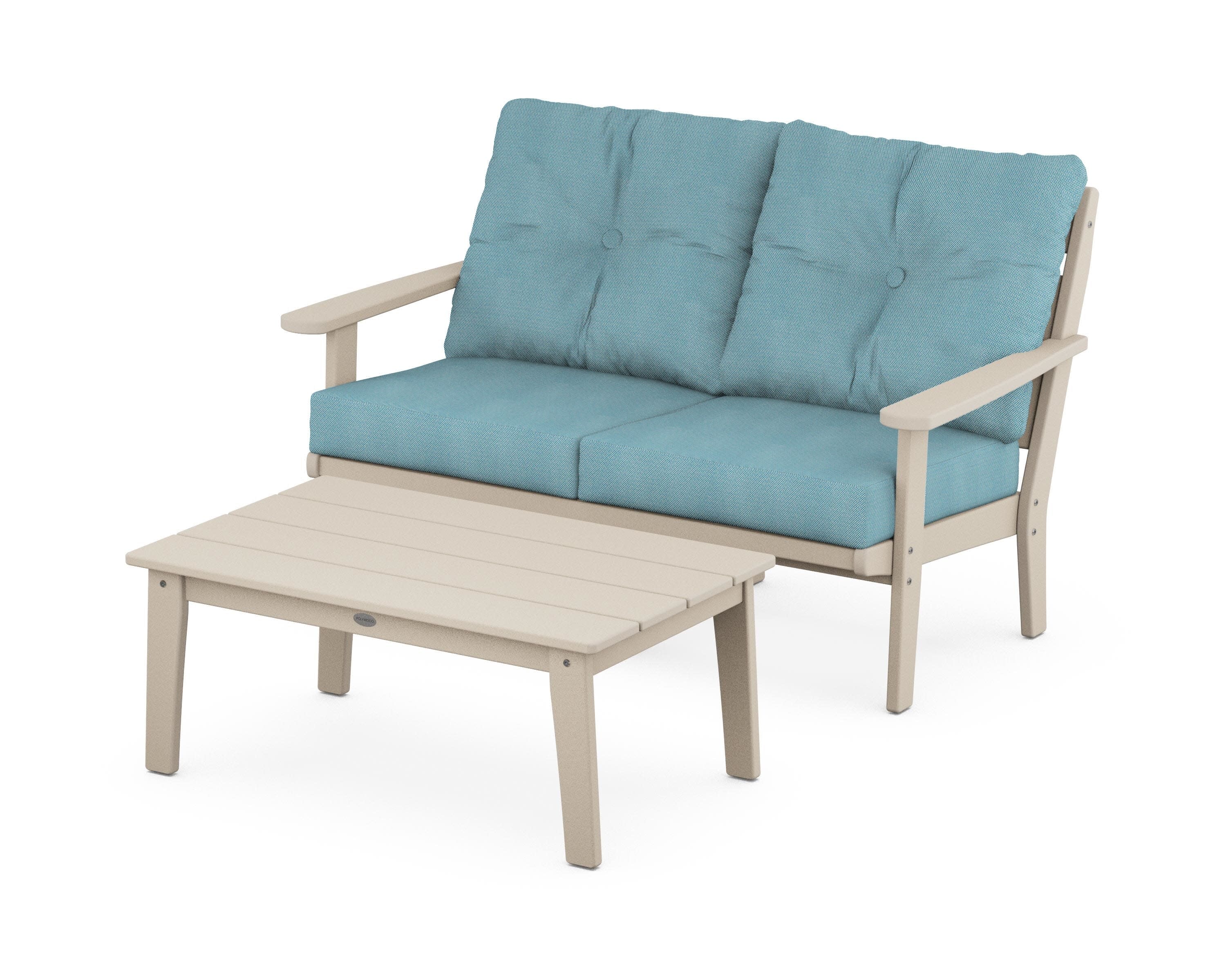 Lakeside 2-Piece Lounge Loveseat Set in Sand / Lattice Sky Blue