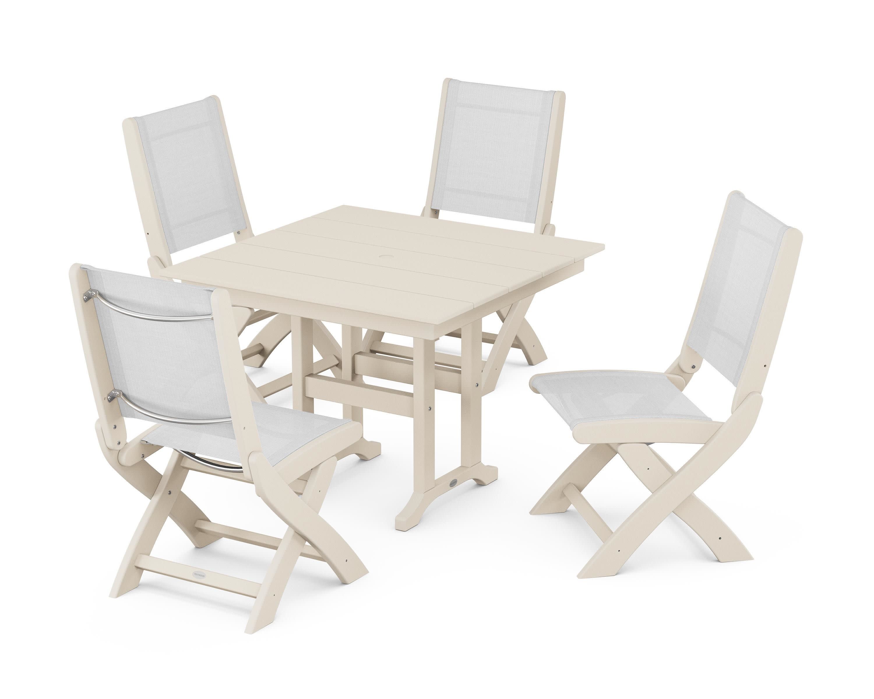 Coastal Folding Side Chair 5-Piece Farmhouse Dining Set in Sand / White Sling