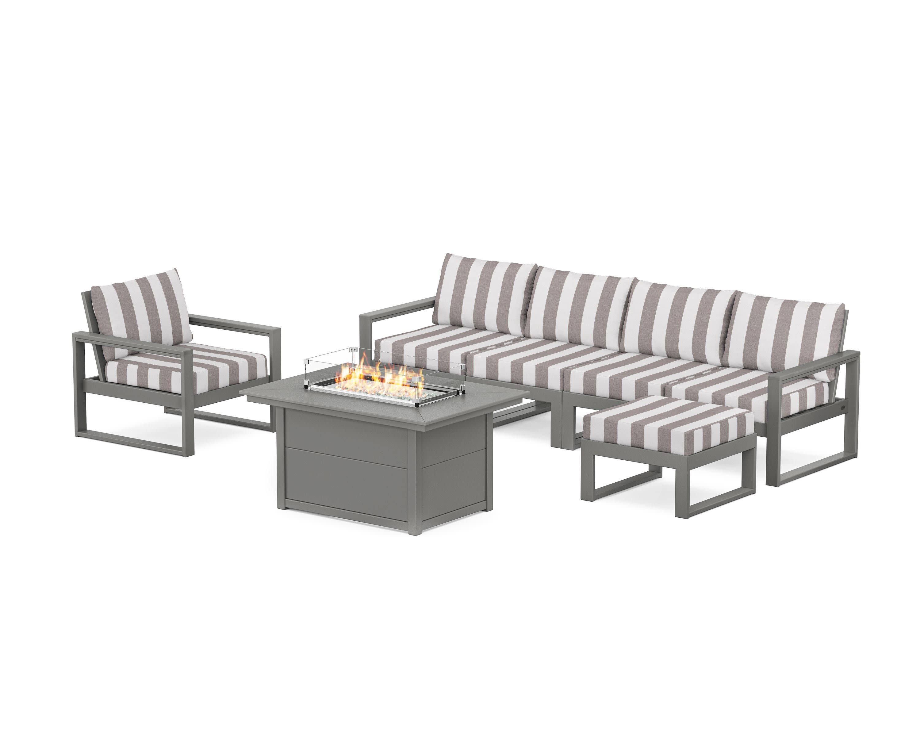 EDGE Sectional Lounge and Fire Pit Set in Slate Grey / Cabana Stripe Grey Mist