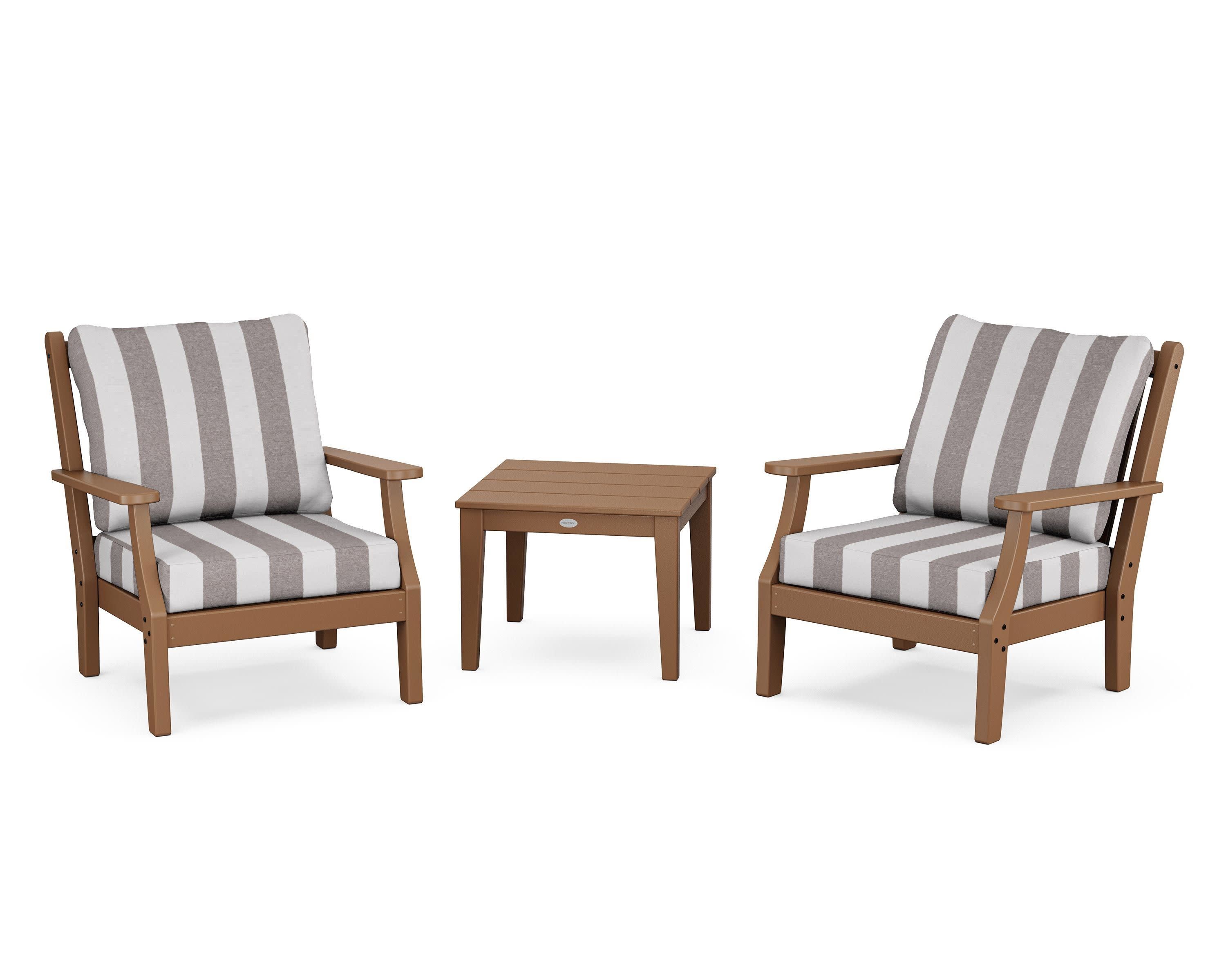 Wovendale 3-Piece Deep Seating Set in Teak / Cabana Stripe Grey Mist