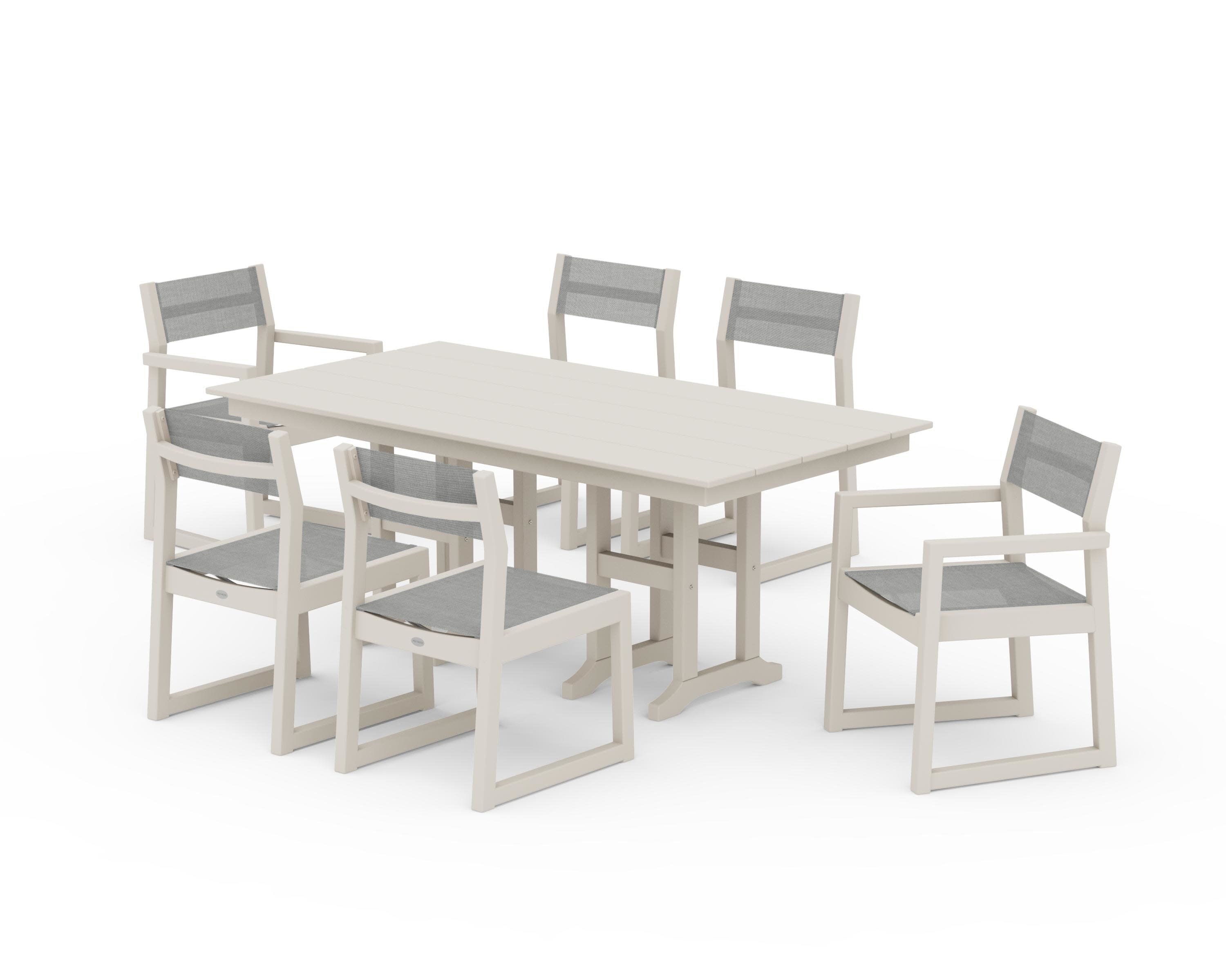 EDGE Sling 7-Piece Farmhouse Dining Set in Sand / Metallic Sling