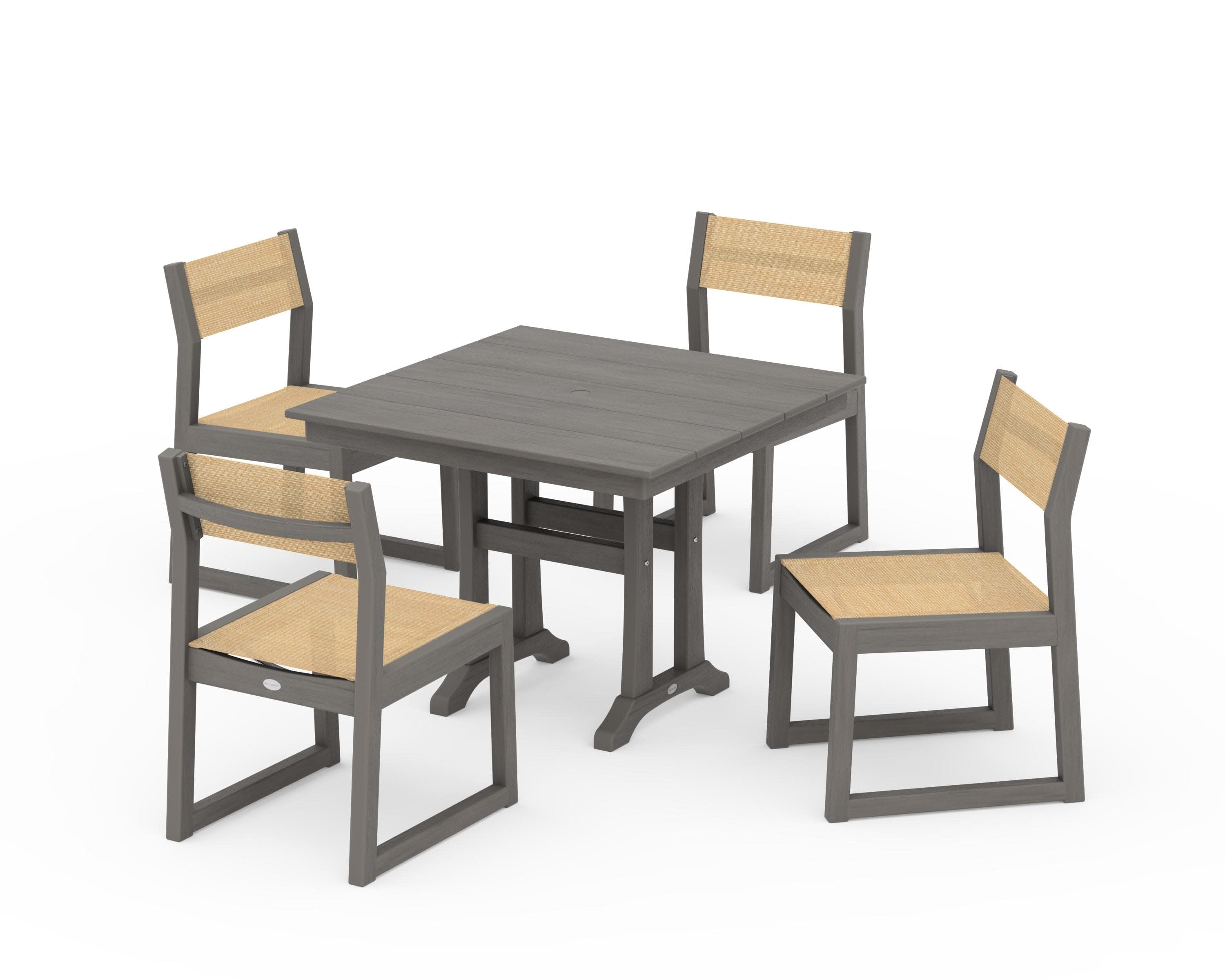 EDGE Sling 5-Piece Farmhouse Trestle Side Chair Dining Set in Driftwood / Dupioni Apricot Sling